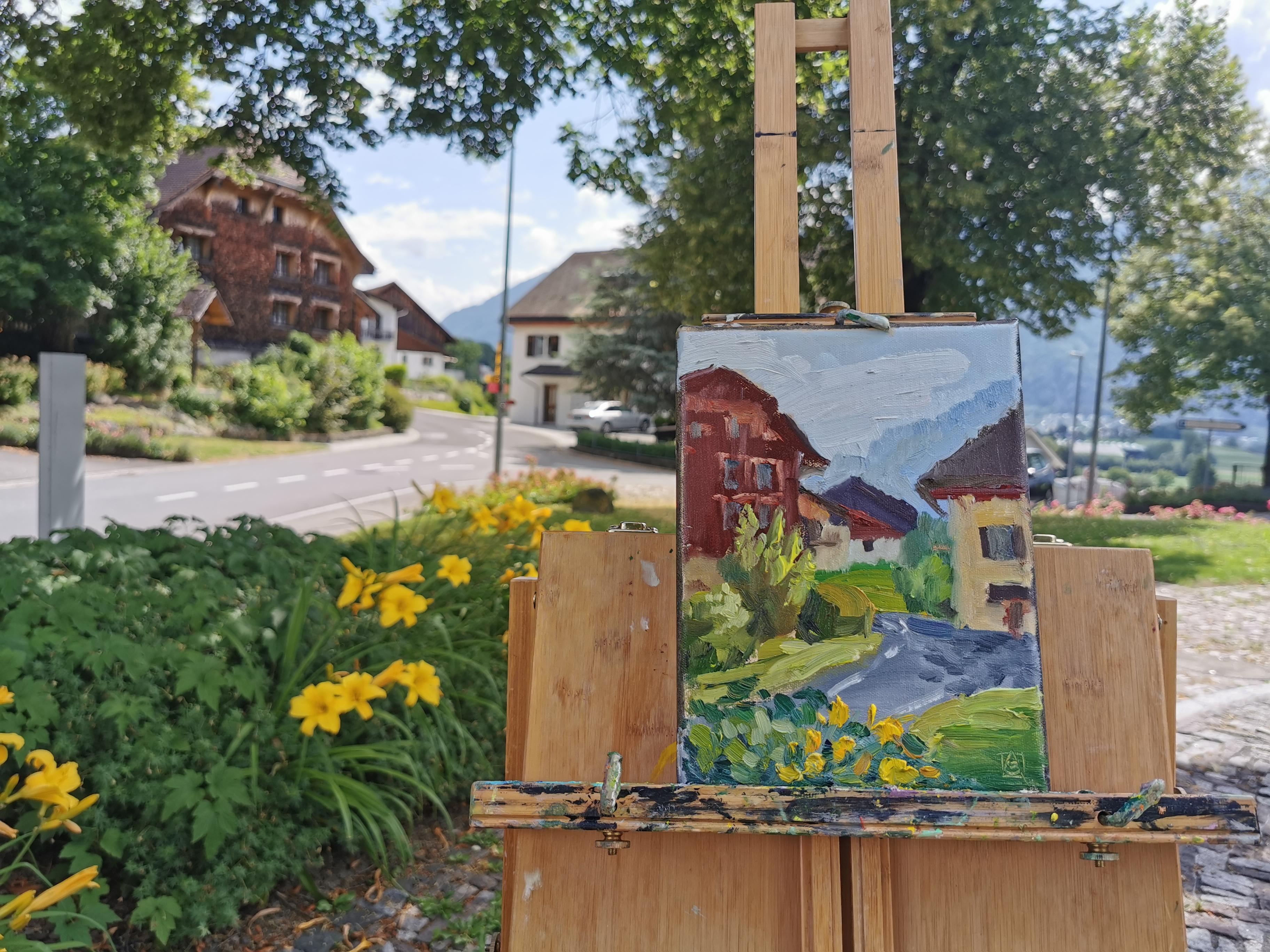Houses of Bendern. Landscape, impressionism, vertical, oil, town, Liechtenstein For Sale 2