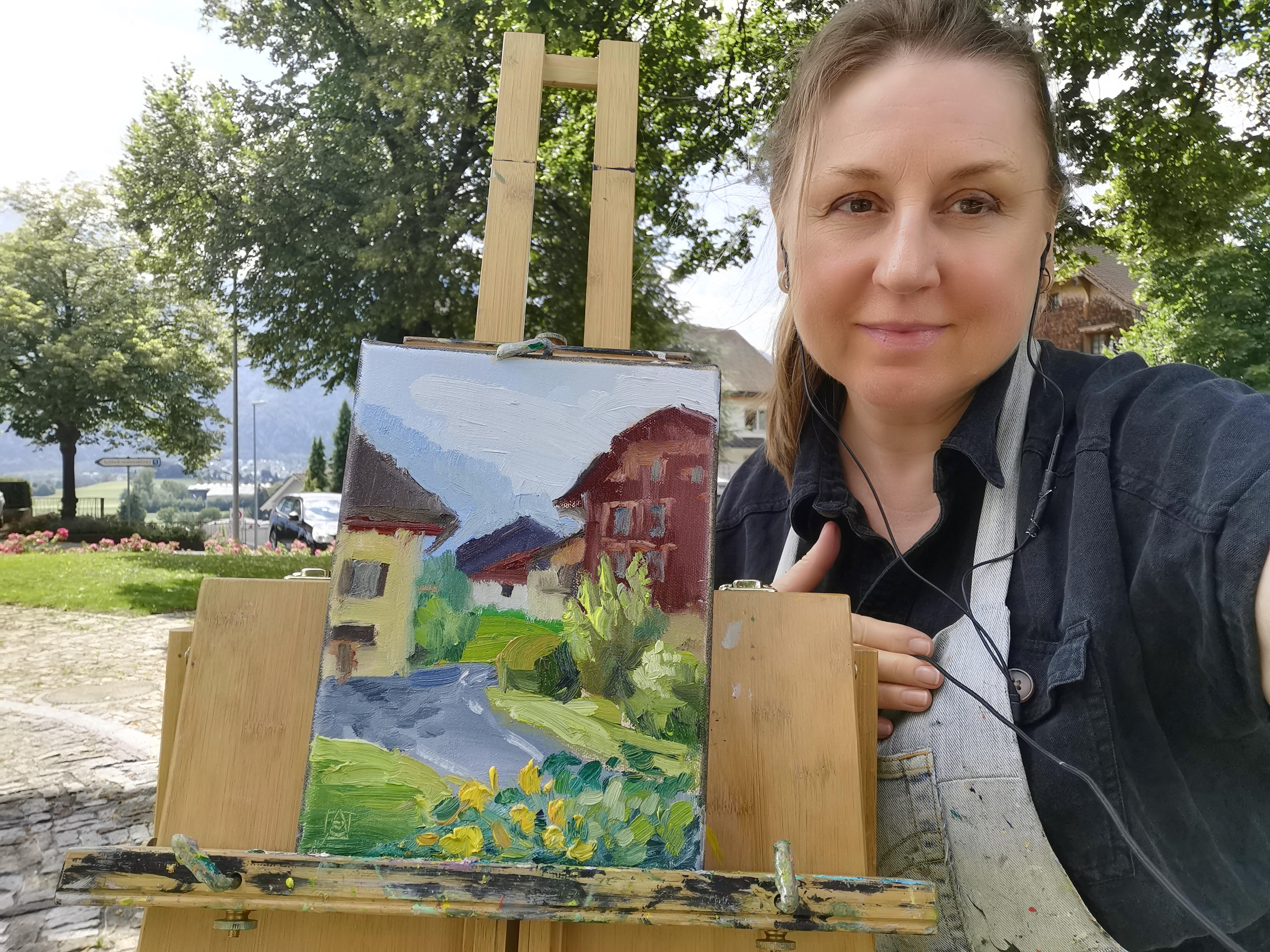 Houses of Bendern. Landscape, impressionism, vertical, oil, town, Liechtenstein For Sale 3