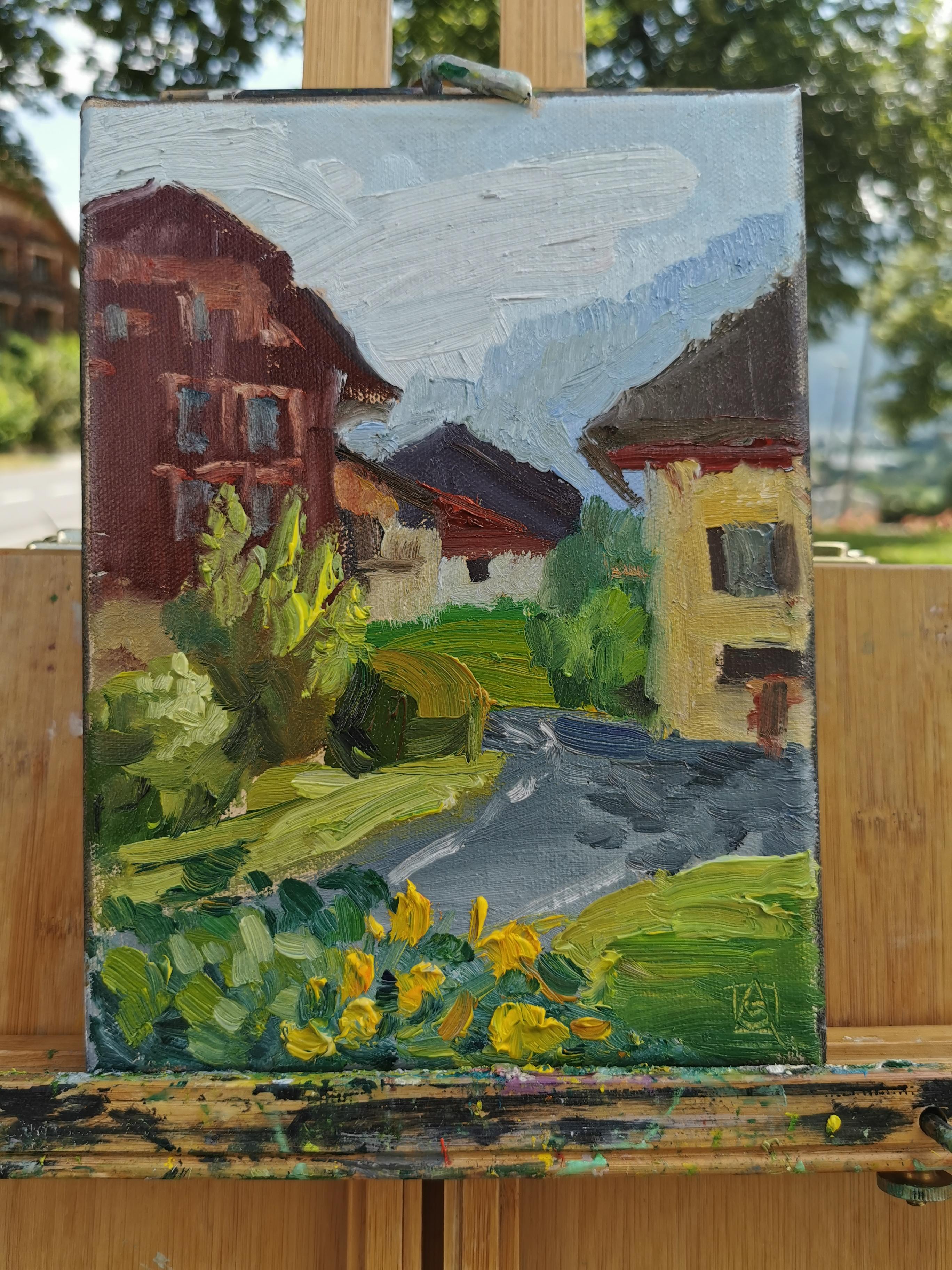 Houses of Bendern. Landscape, impressionism, vertical, oil, town, Liechtenstein For Sale 4