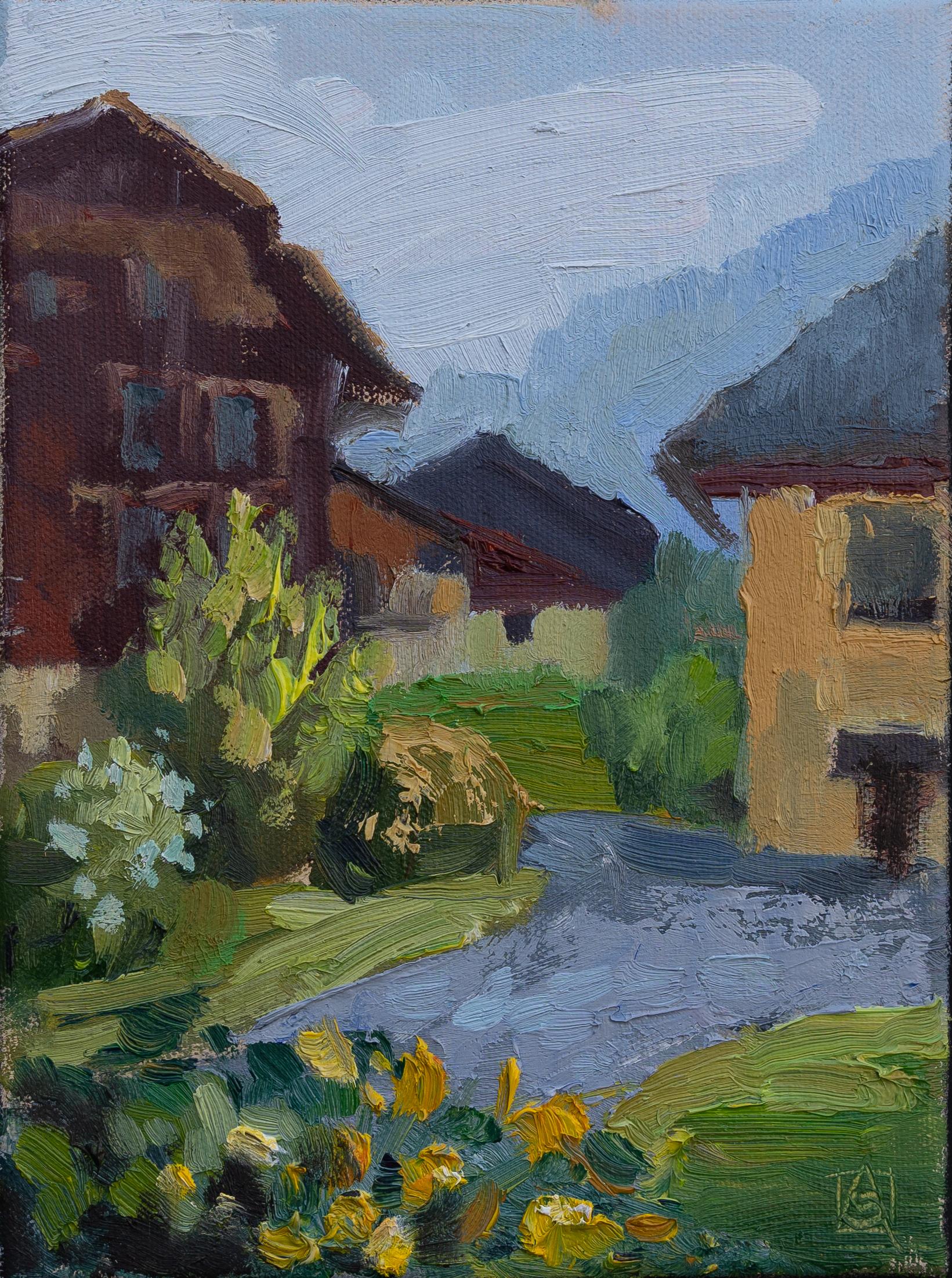 Anna Shesterikova Landscape Painting - Houses of Bendern. Landscape, impressionism, vertical, oil, town, Liechtenstein