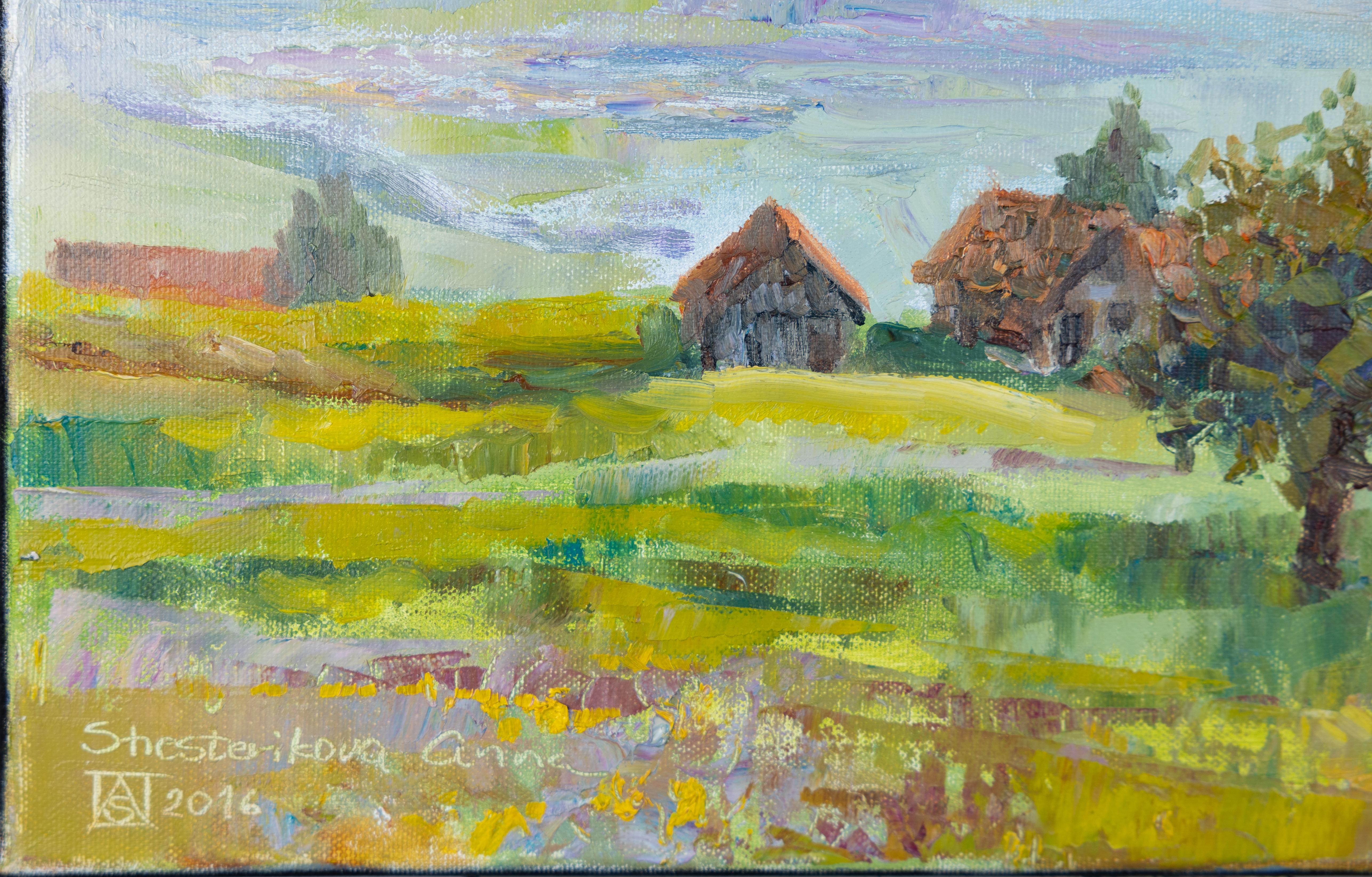 Peinture à l'huile impressionniste « Vue de Grabserberg », horizontale - Beige Landscape Painting par Anna Shesterikova