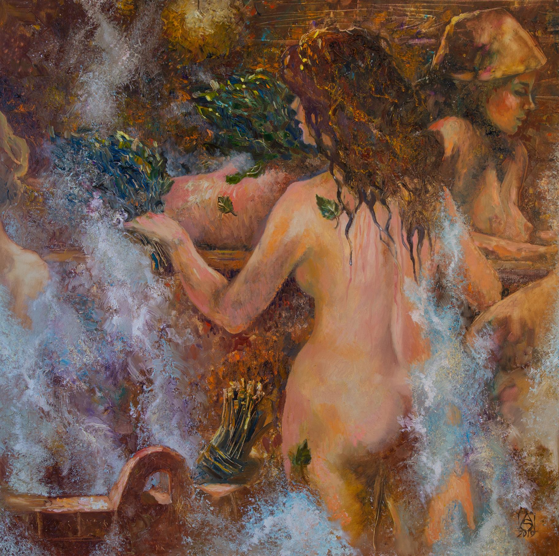 Nude Painting de Anna Shesterikova - En una casa de baños. Desnudo, mujer, figurativo, óleo, impresionismo