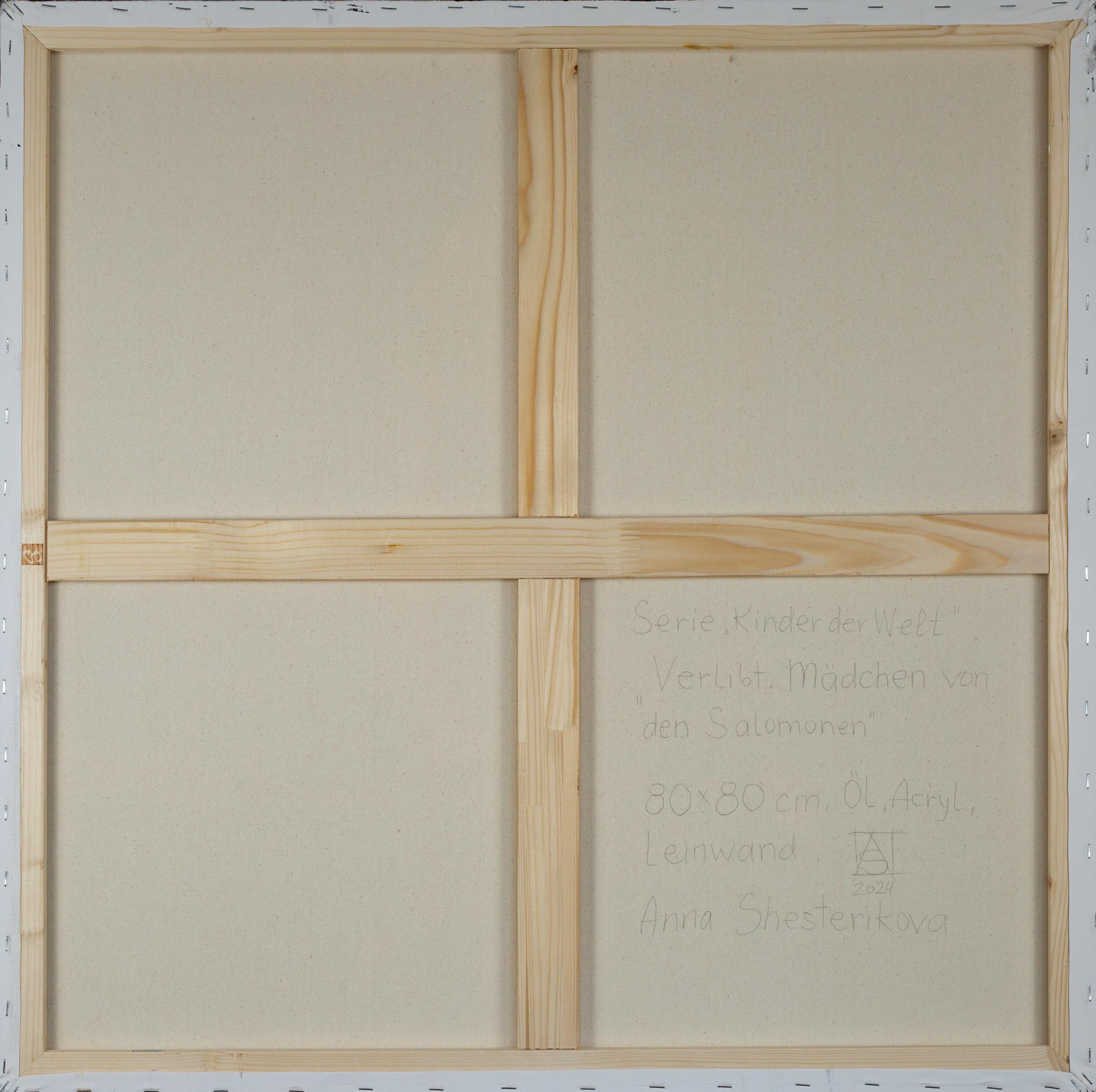 Verliebt. Das Mädchen von den Solomon-Inseln. Quadratischer Quadrat, Porträt, Kind, Malerei, Acryl (Post-Impressionismus), Painting, von Anna Shesterikova