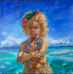 Enamorada. Niña de las Islas Salomón. Cuadrado, retrato, niño, pintura, acrílico