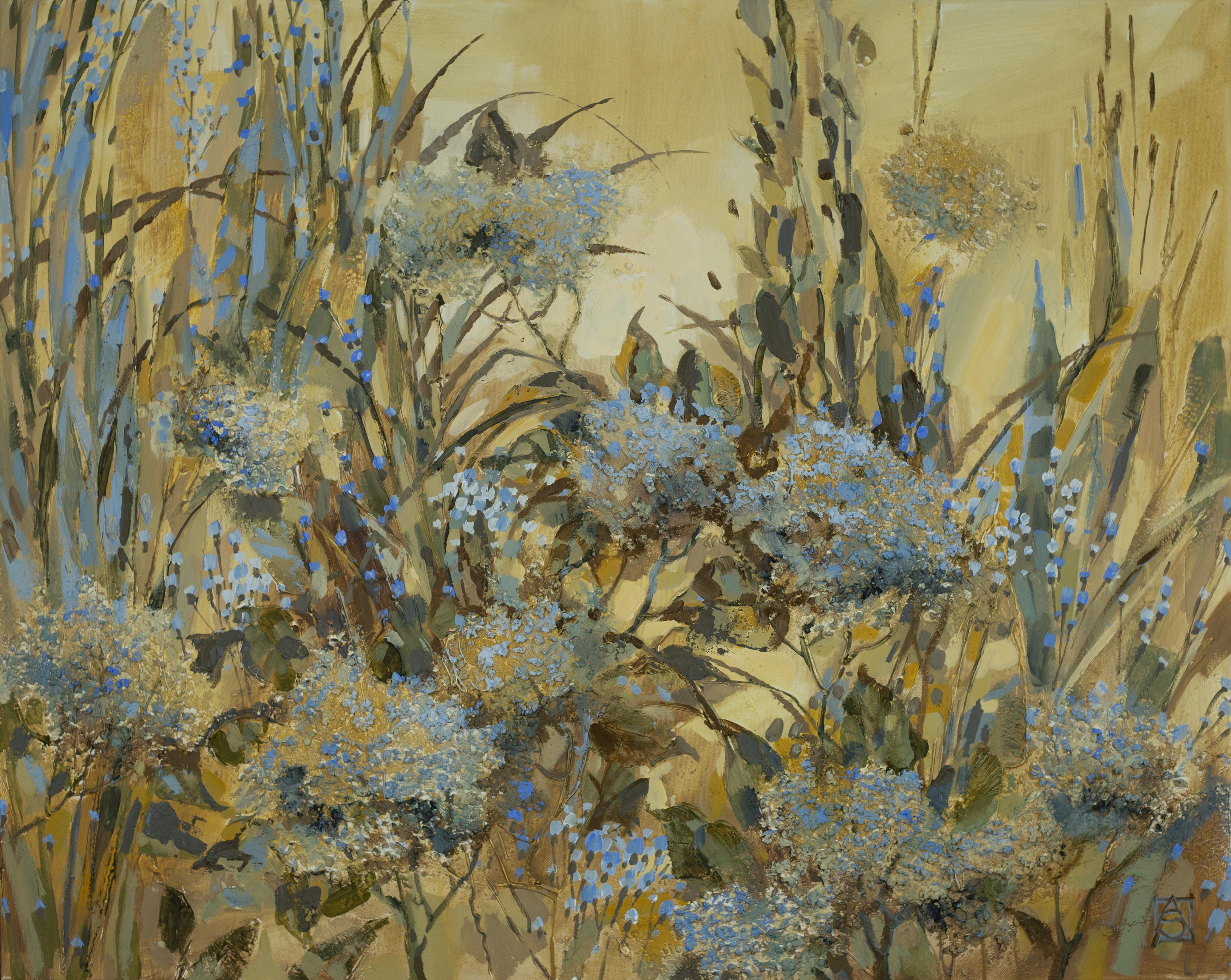 In the Hydrangea Thickets. Textured floral painting, blue, gold, contemporary