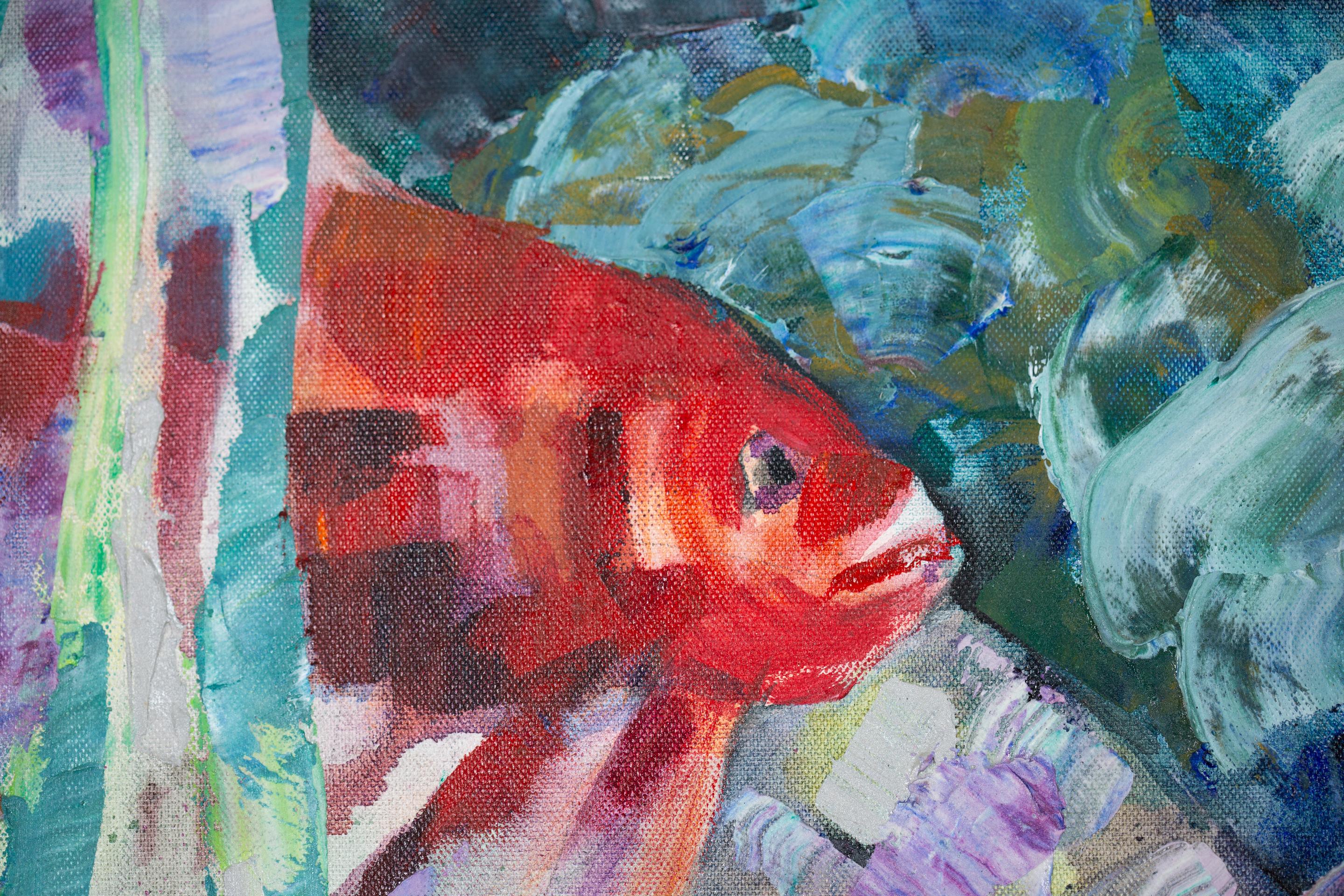 Im Königreich von Neptun.  Acrylmalerei, horizontal, Meer, Fisch, türkis im Angebot 6