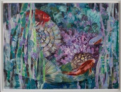 In the Kingdom Of Neptune.  Acrylic painting, horizontal, sea, fish, turquoise