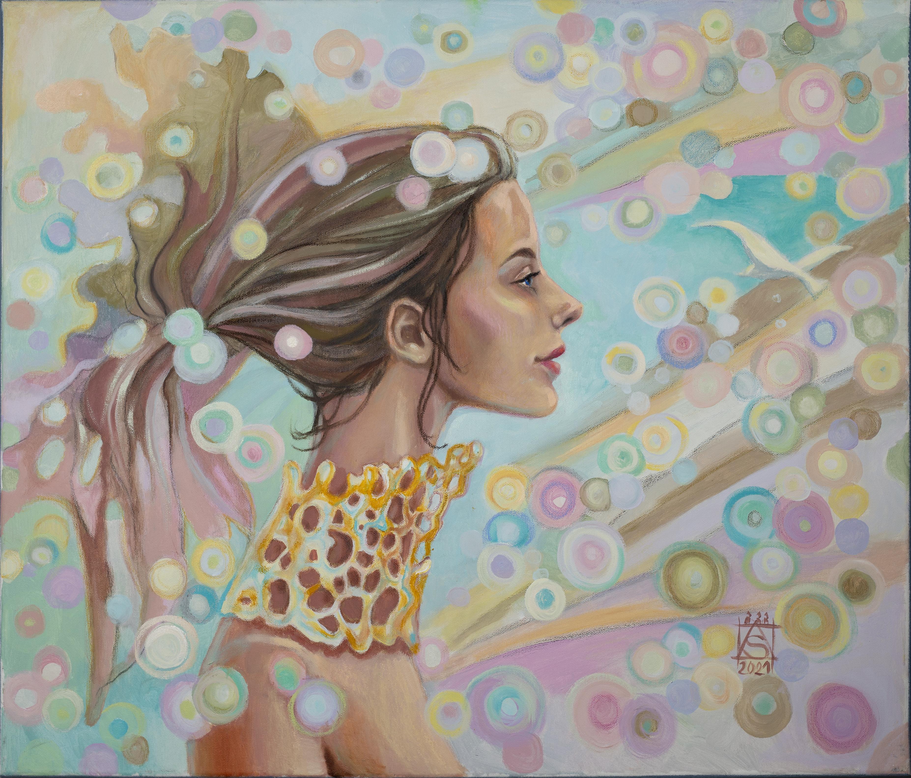 Anna Shesterikova Figurative Painting - Inspiration Catcher. Girl, light, blue, horizontal, bird, semi-abstract