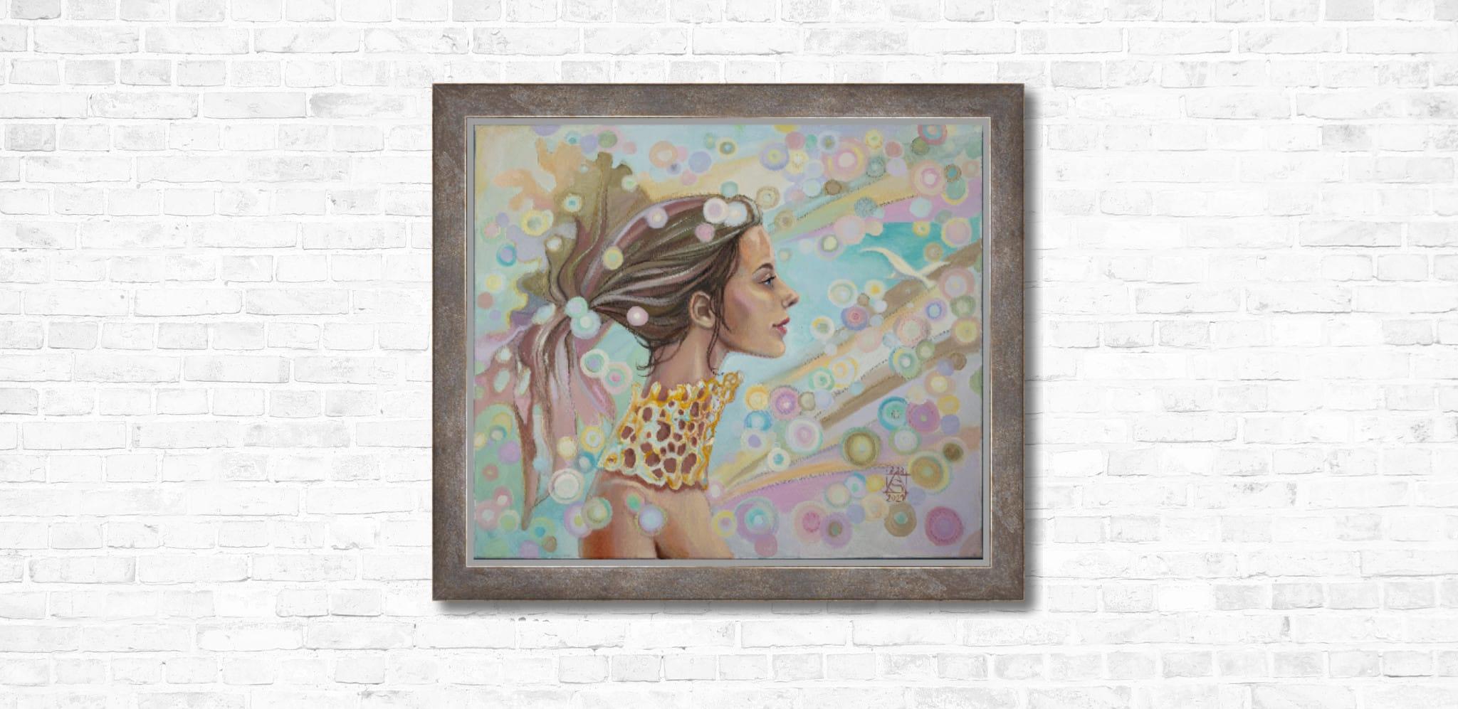 Atrapa la inspiración. Chica, luz, horizontal, pájaro, pintura decorativa - Painting Contemporáneo de Anna Shesterikova