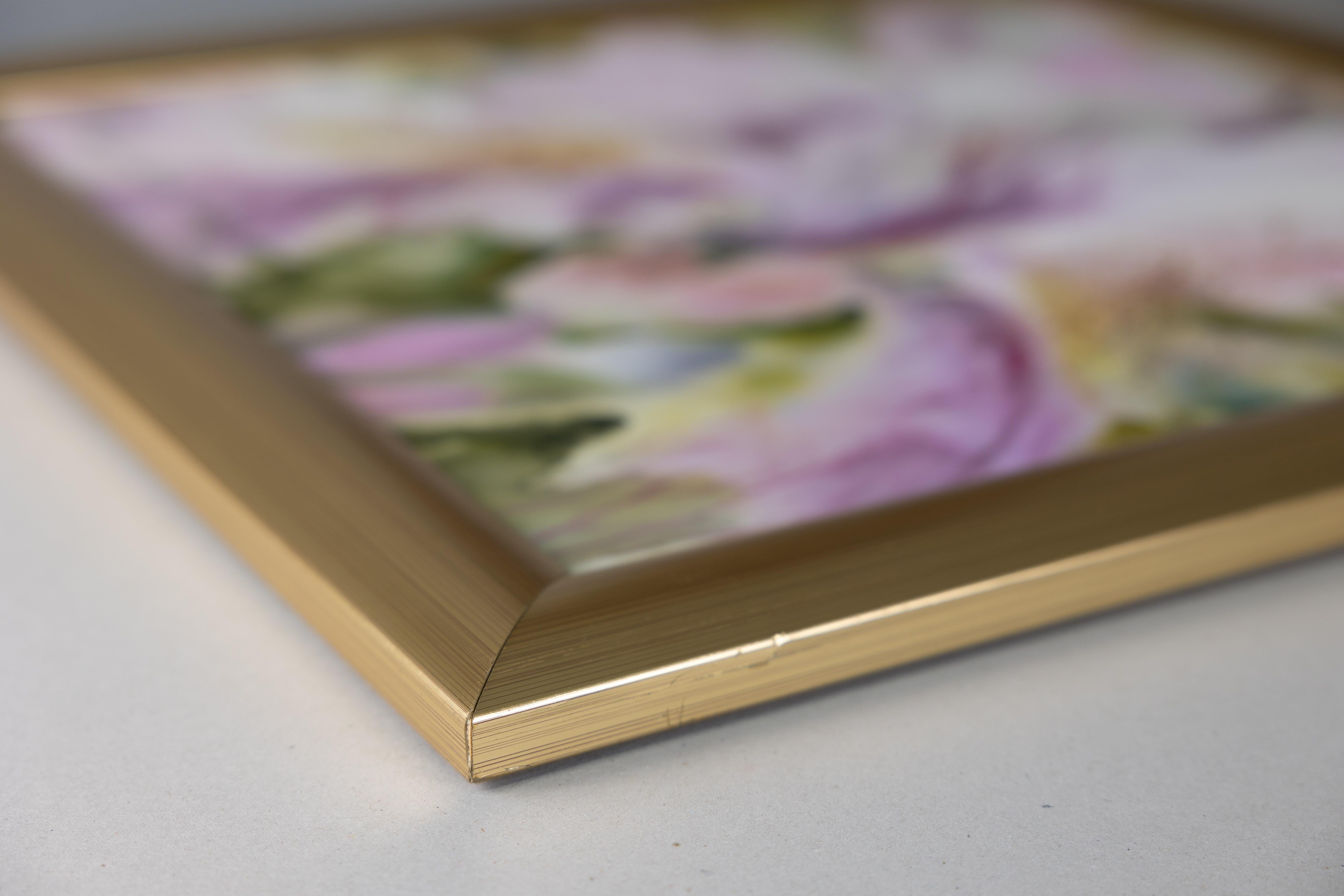 Iris. Flower acrylic painting on silk, in a gold frame. - Painting by Anna Shesterikova