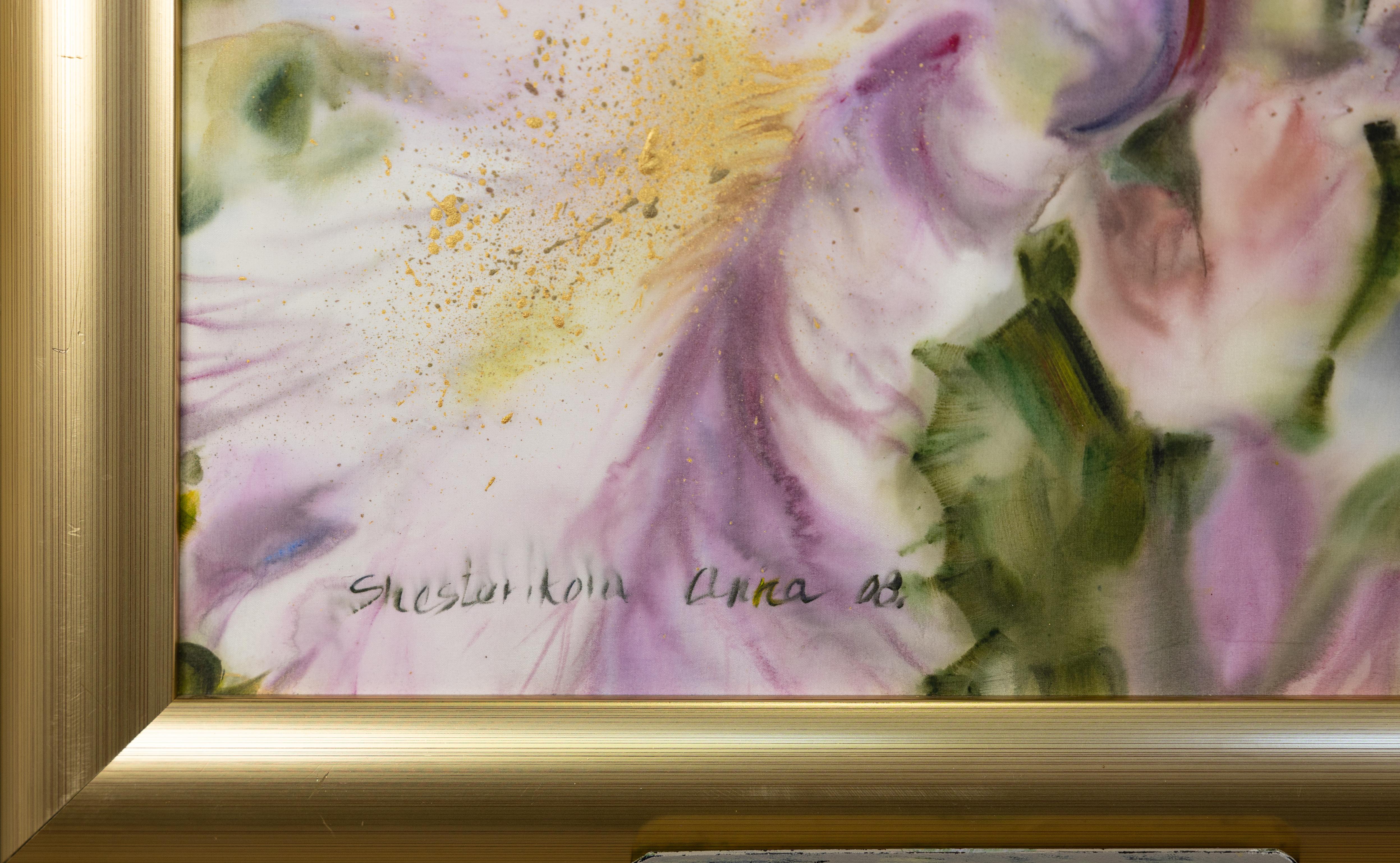 Iris. Flower acrylic painting on silk, in a gold frame. - Brown Abstract Painting by Anna Shesterikova