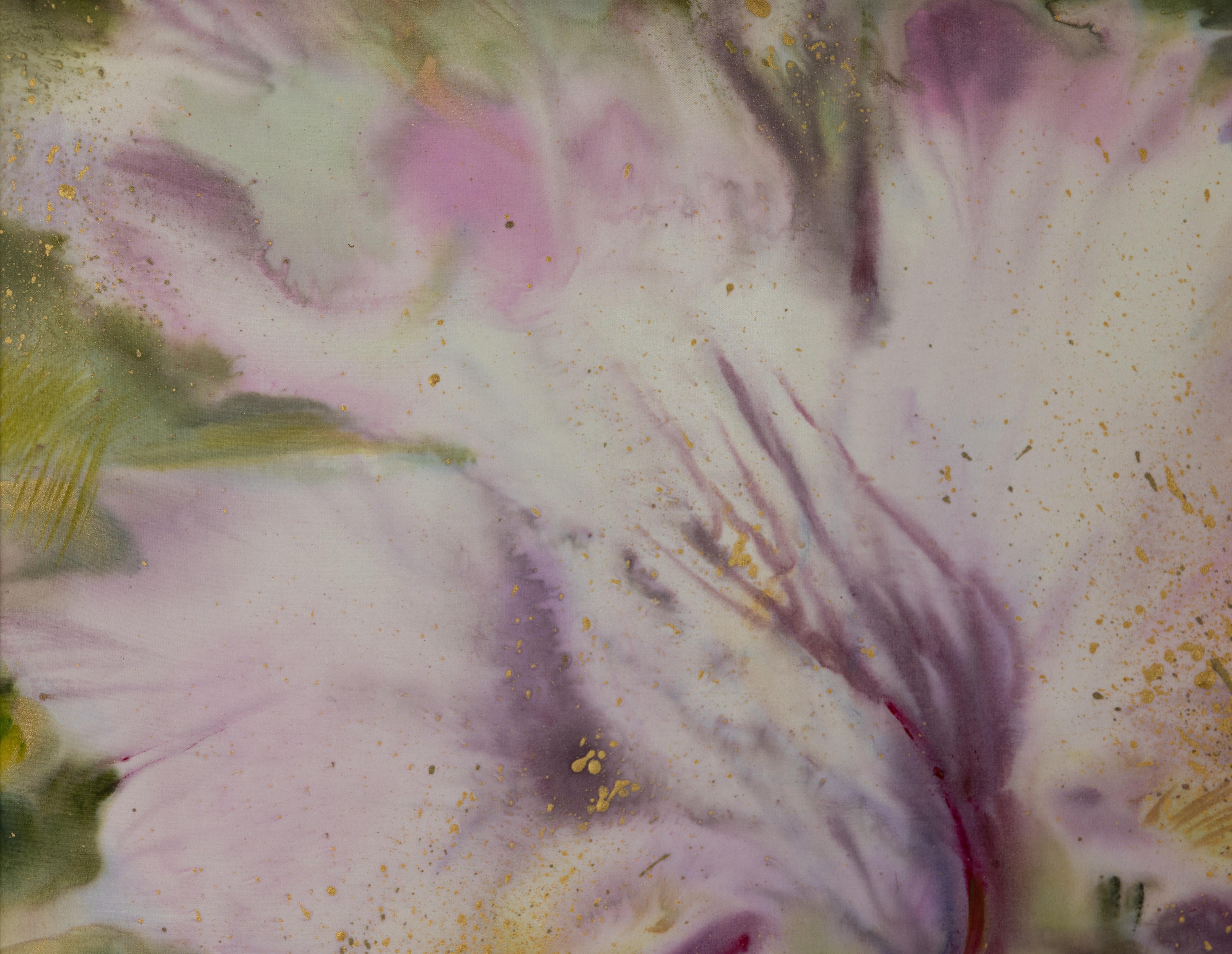 Iris. Flower acrylic painting on silk, in a gold frame. For Sale 2