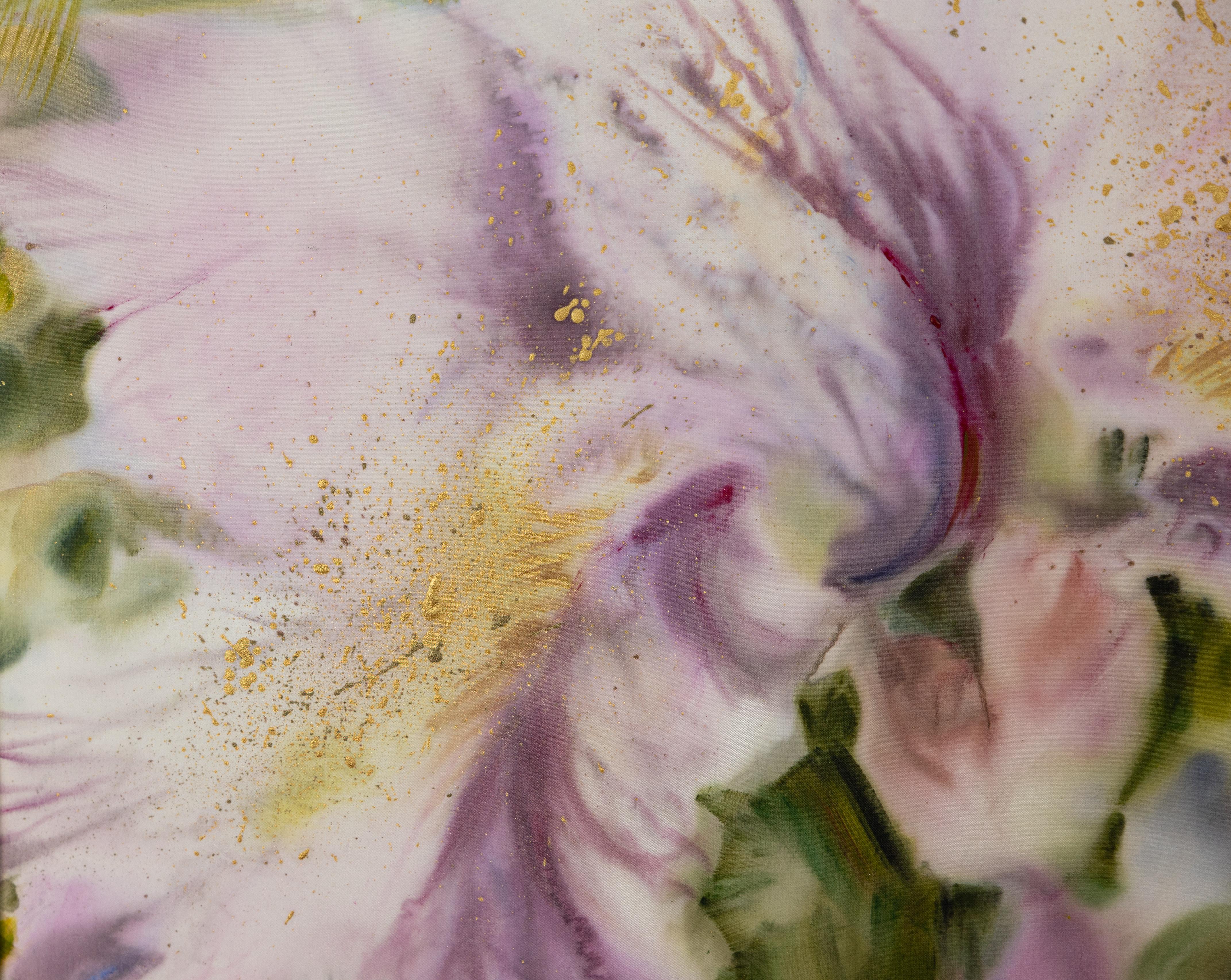 Iris. Flower acrylic painting on silk, in a gold frame. For Sale 3