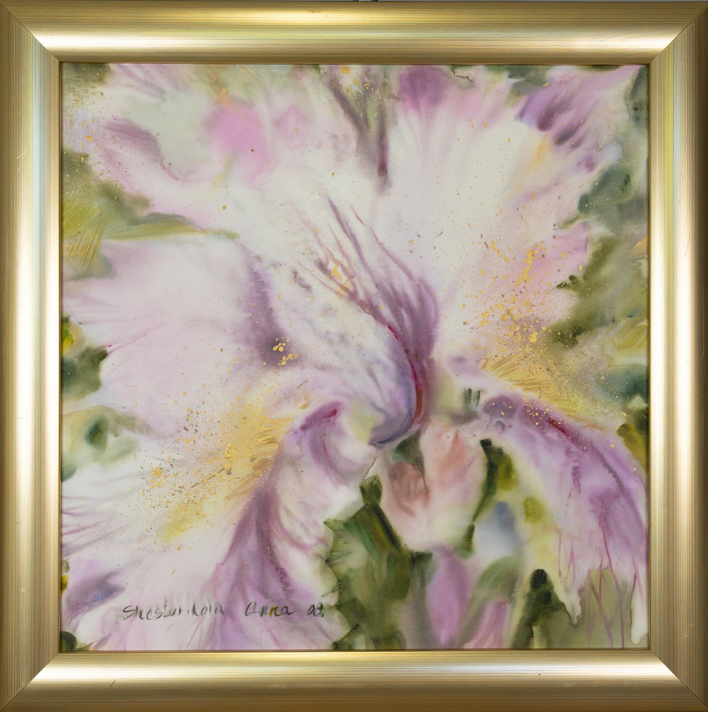 Anna Shesterikova Abstract Painting - Iris. Flower acrylic painting on silk, in a gold frame.