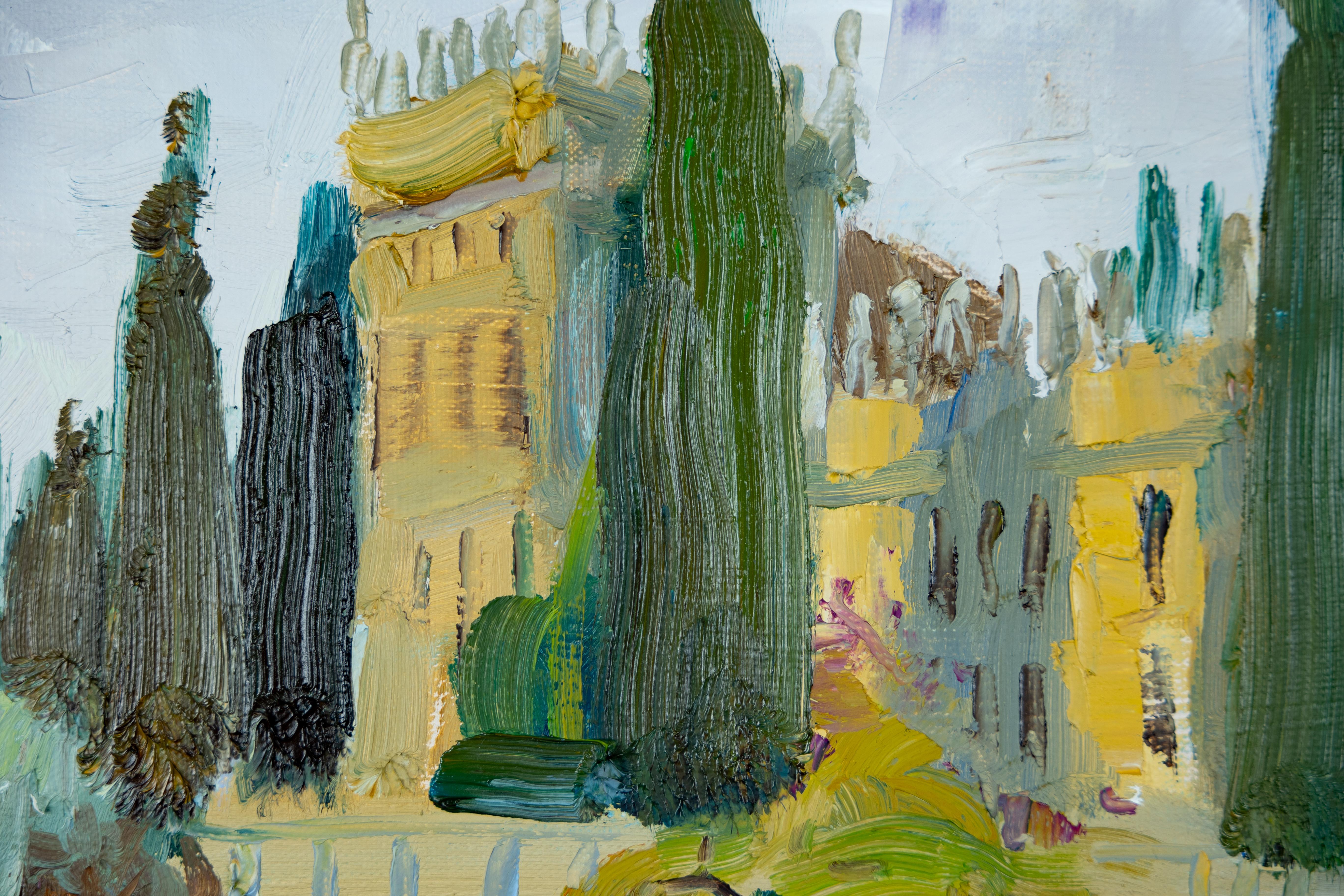 The landscape painting of Isola del Garda is painted in the impressionism style en plein air on Lake Garda in Italy. 

