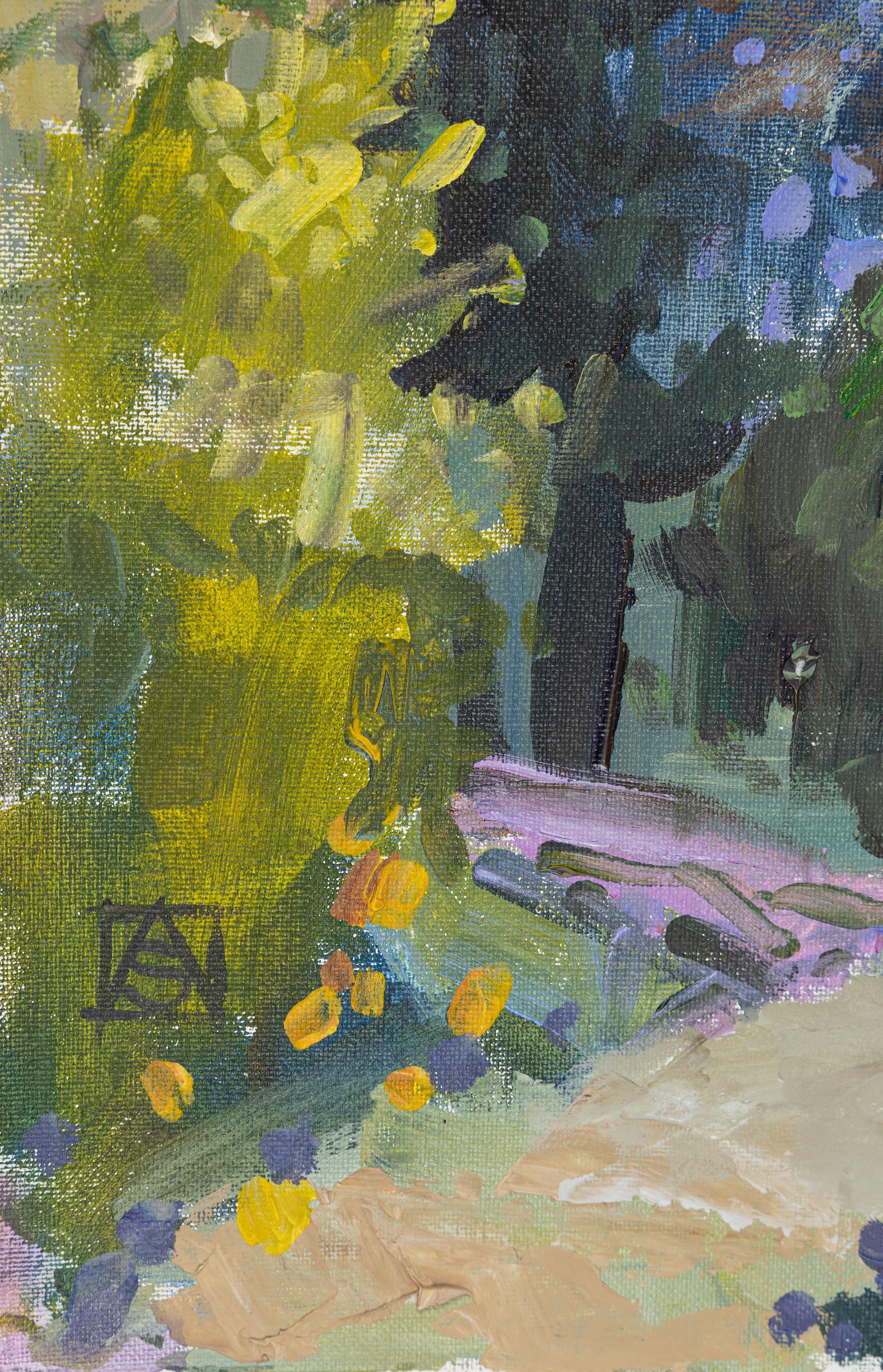 Jacaranda. Landscape with flowers in acrylic. California. Impressionism - Post-Impressionist Painting by Anna Shesterikova
