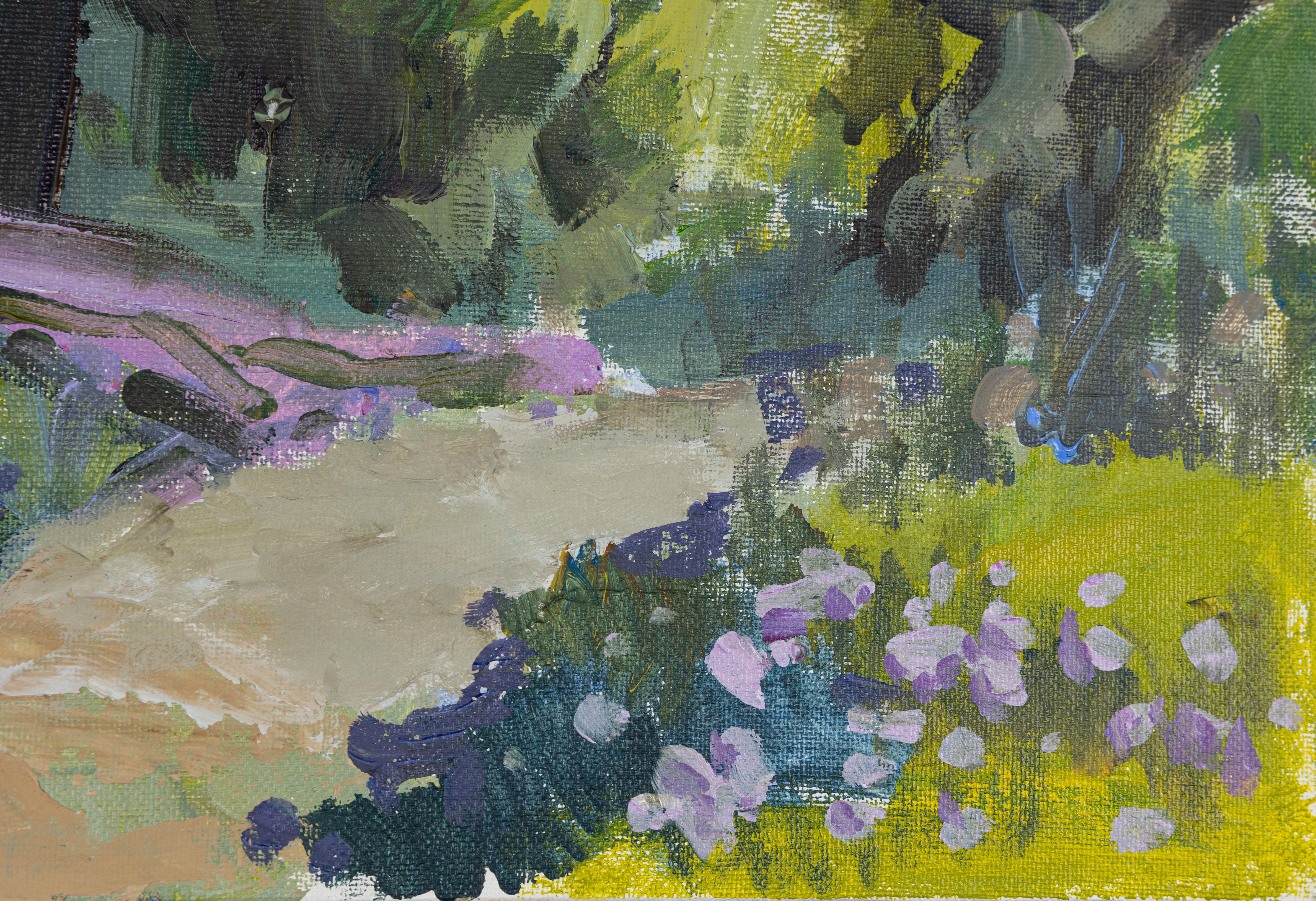 Jacaranda. Landscape with flowers in acrylic. California. Impressionism - Gray Landscape Painting by Anna Shesterikova