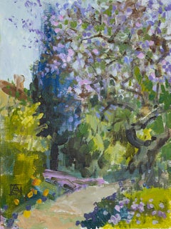 Jacaranda. Paesaggio con fiori in acrilico. California. Impressionismo