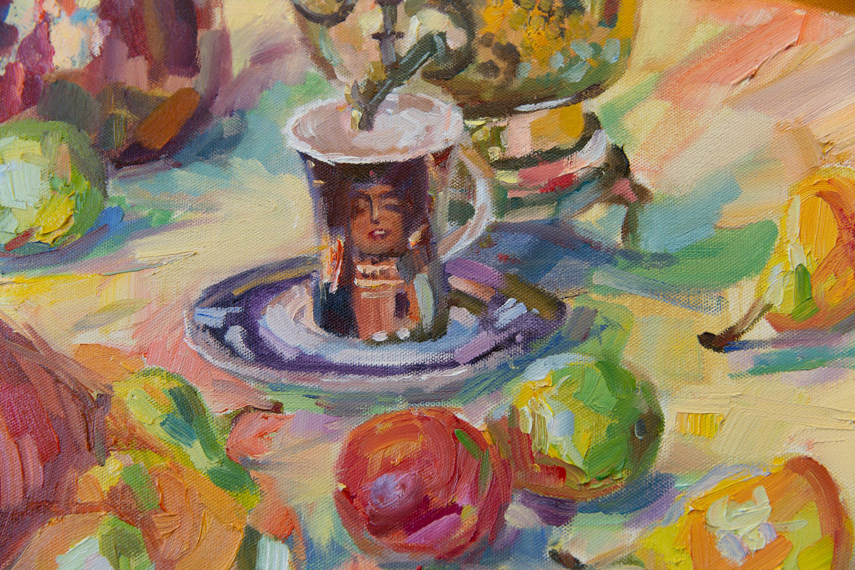 Judith. Vertical, oil, bright, flowers, fruits, summer, still life - Brown Still-Life Painting by Anna Shesterikova