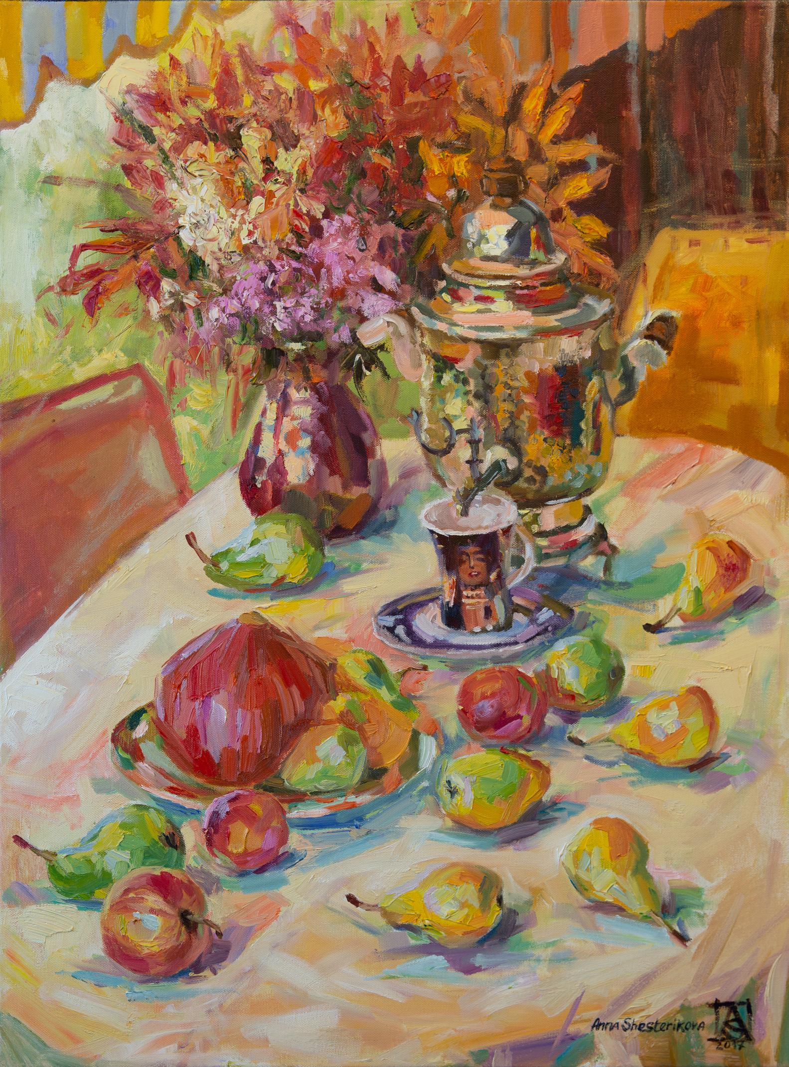 Anna Shesterikova Still-Life Painting - Judith. Vertical, oil, bright, flowers, fruits, summer, still life