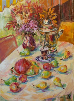 Judith. Vertical, huile, lumineux, fleurs, fruits, été, nature morte