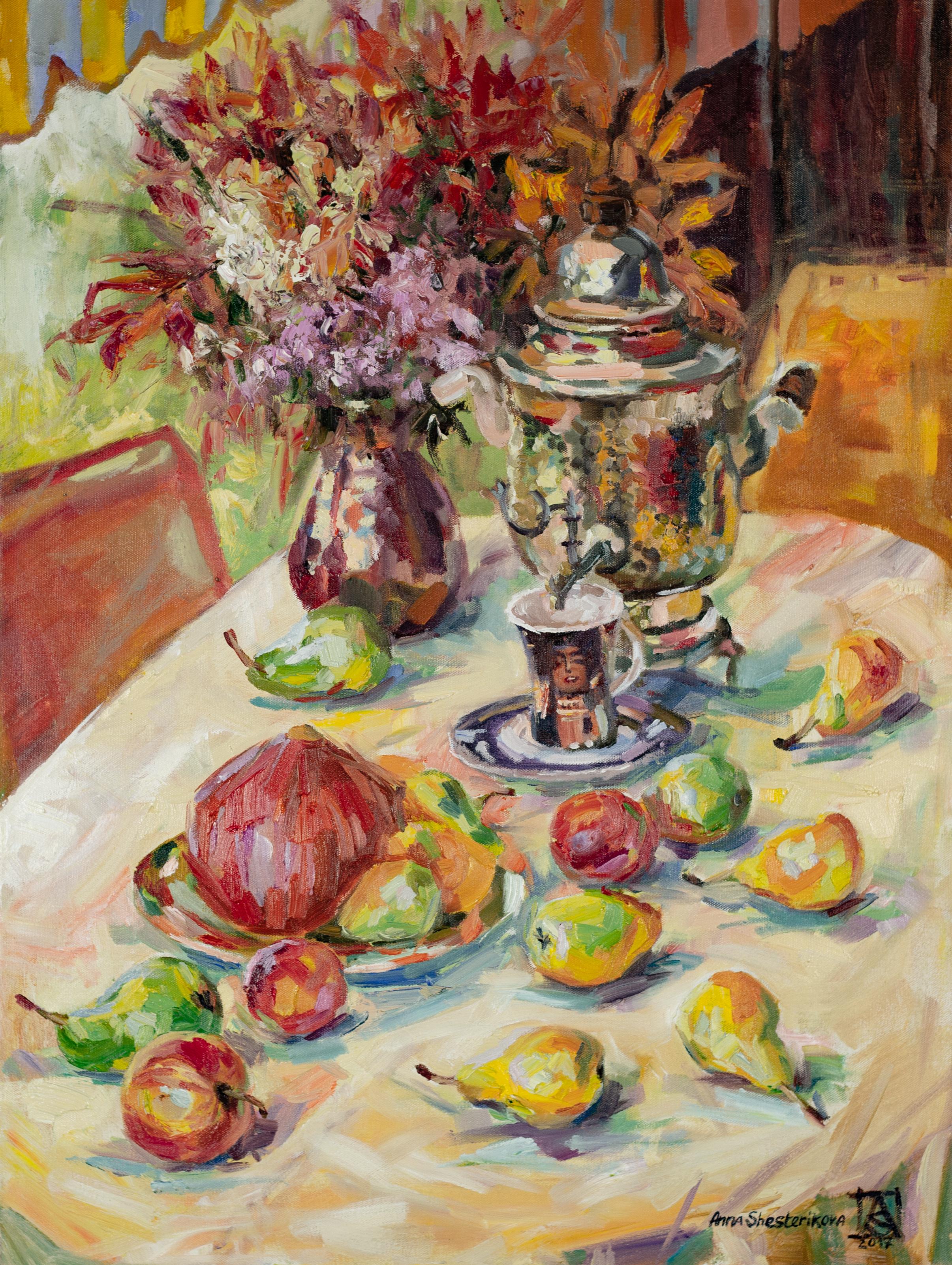 Anna Shesterikova Still-Life Painting - Judith. Vertical, oil, flowers, fruits, summer, still life, impressionism