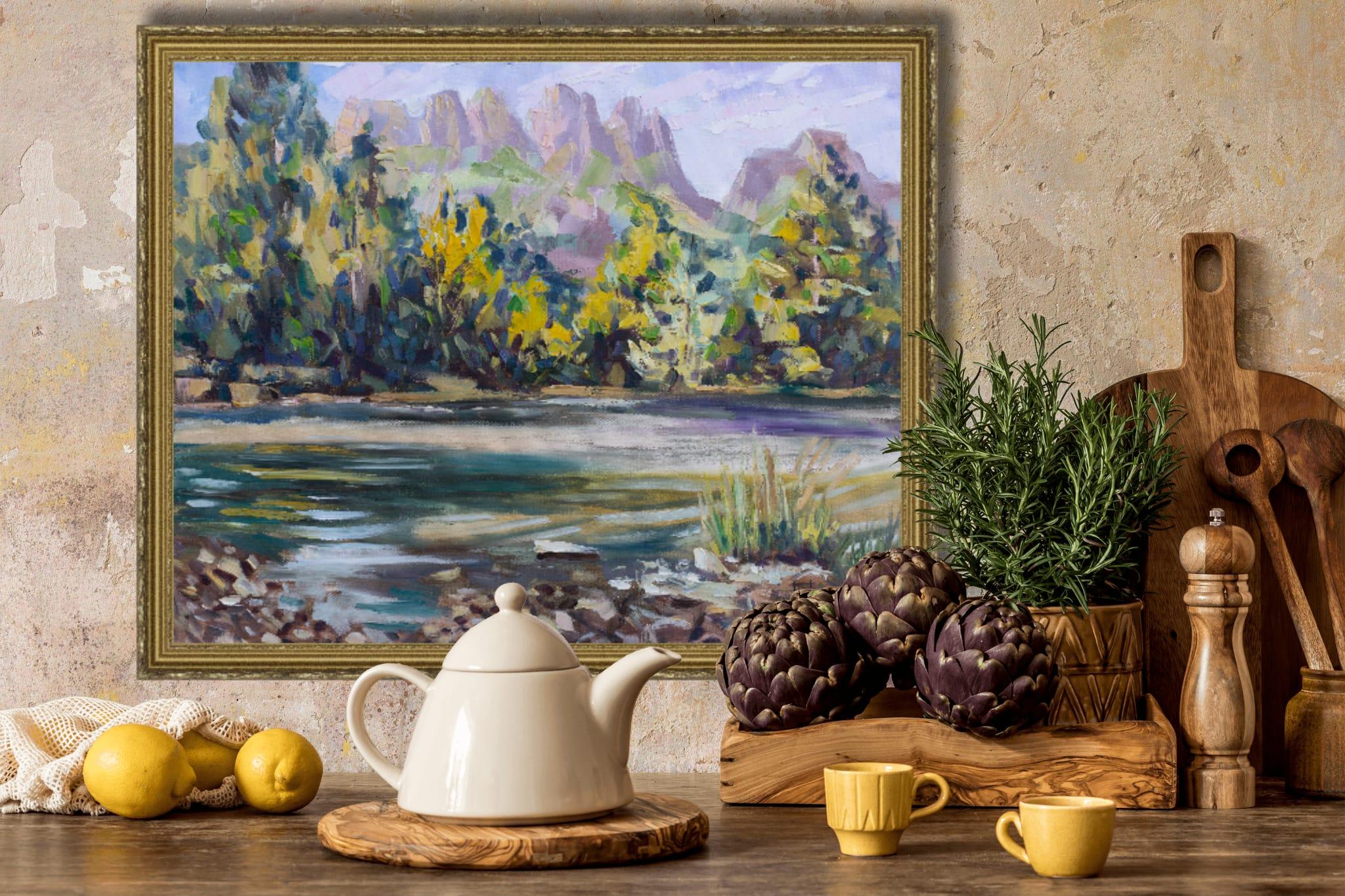 Juli am Simi-See. Landschaft in Öl, Schönheit, Berge, Natur, Schweiz . im Angebot 10