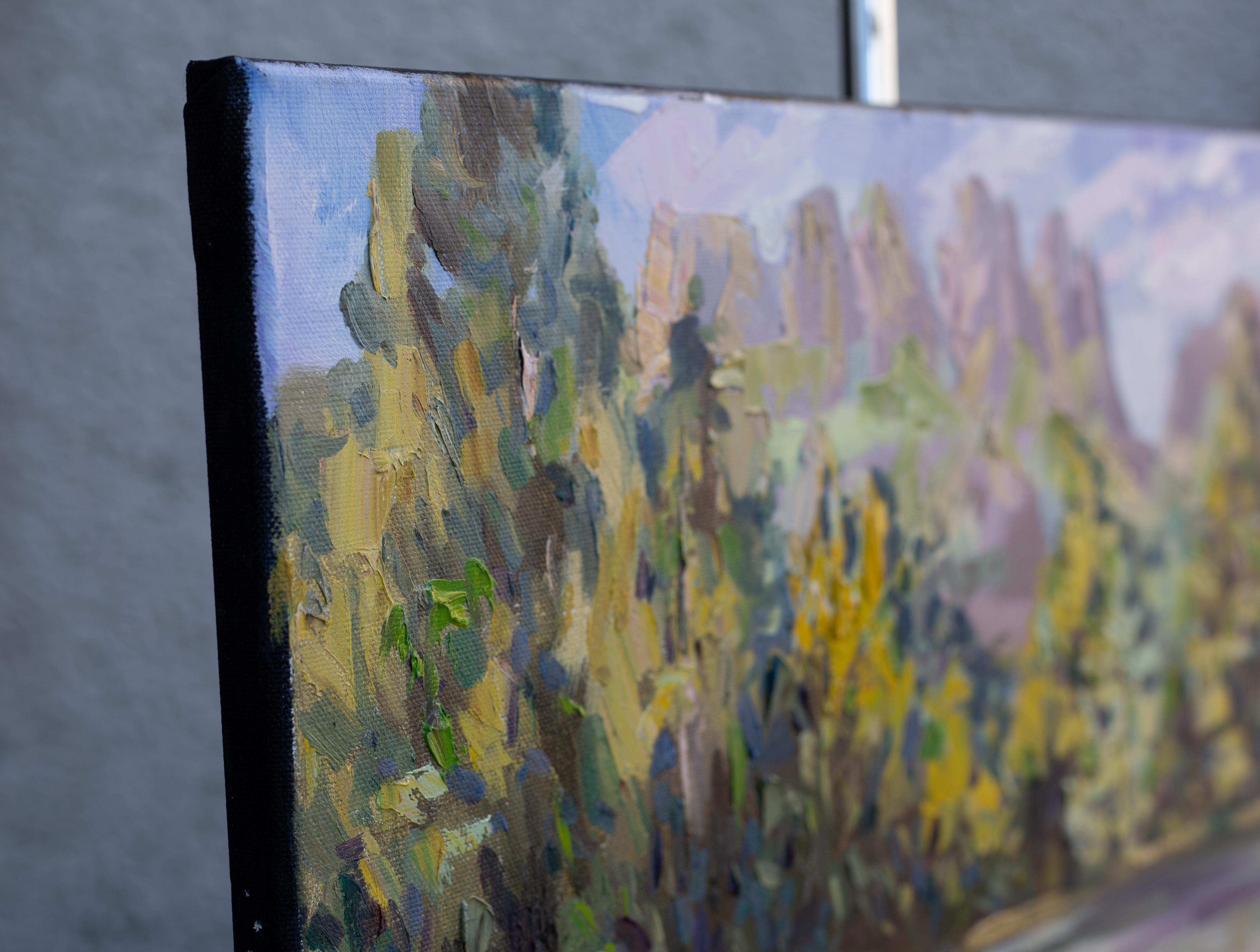 July at Lake Simi. Landscape in oil, beauty, mountains, nature, Switzerland . - Painting by Anna Shesterikova