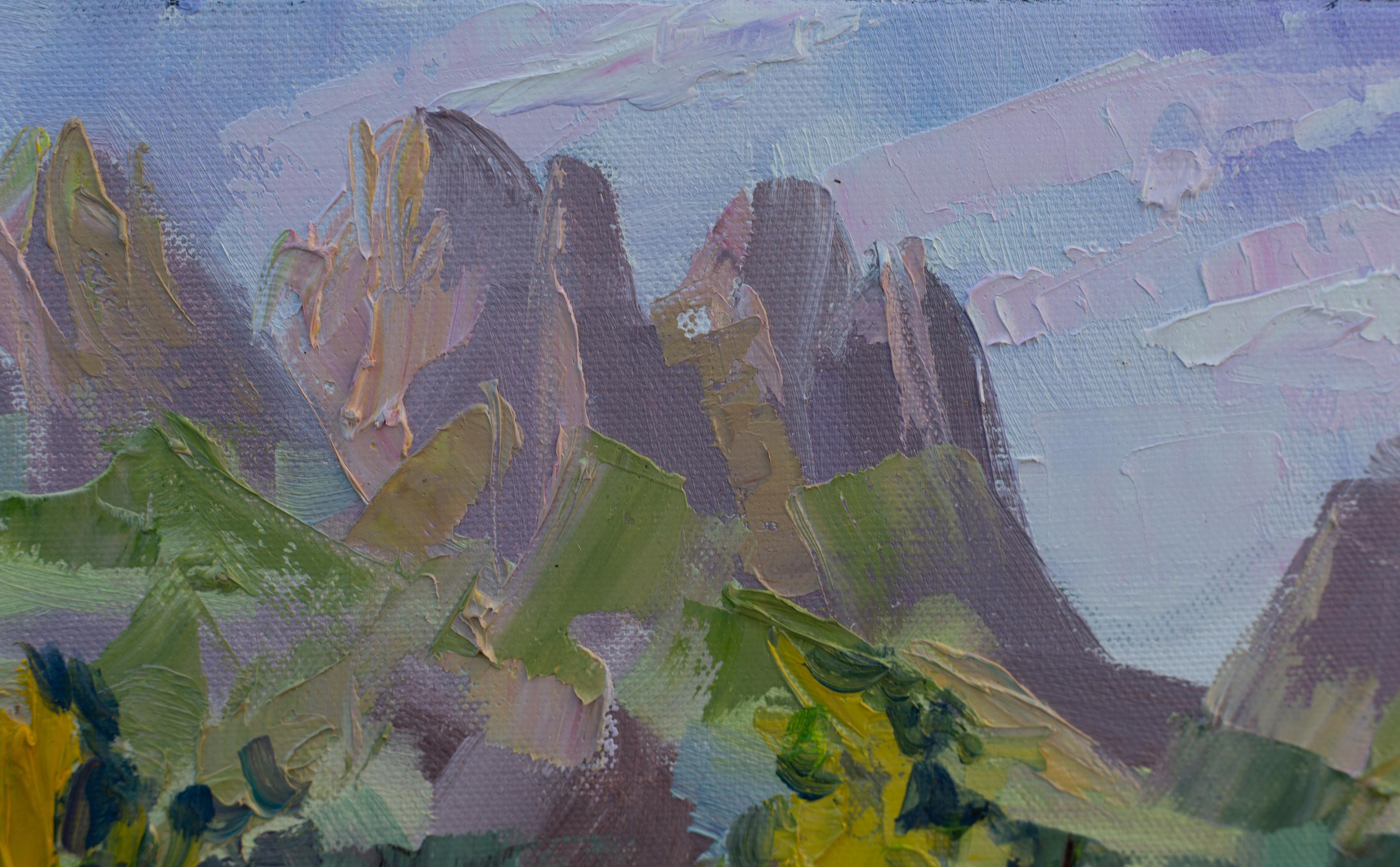 Juli am Simi-See. Landschaft in Öl, Schönheit, Berge, Natur, Schweiz . im Angebot 2