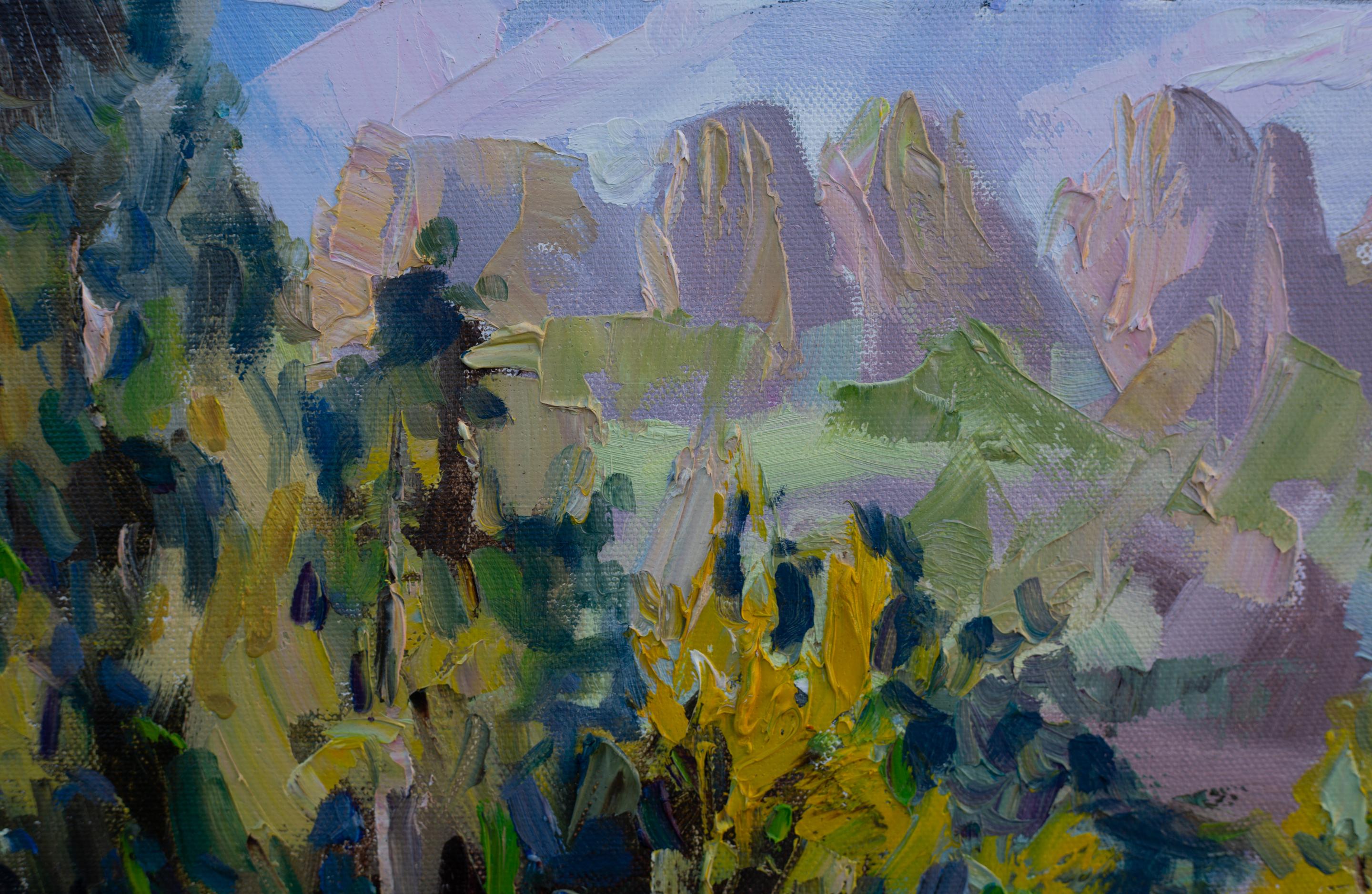 Juli am Simi-See. Landschaft in Öl, Schönheit, Berge, Natur, Schweiz . im Angebot 3