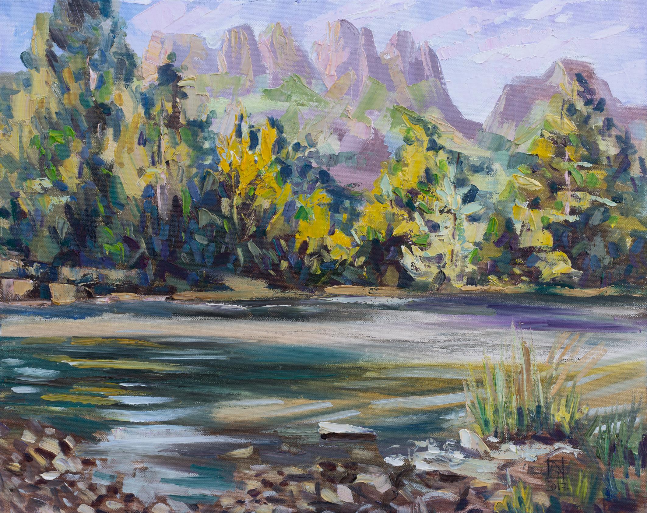 July at Lake Simi. Landscape in oil, beauty, mountains, nature, Switzerland .