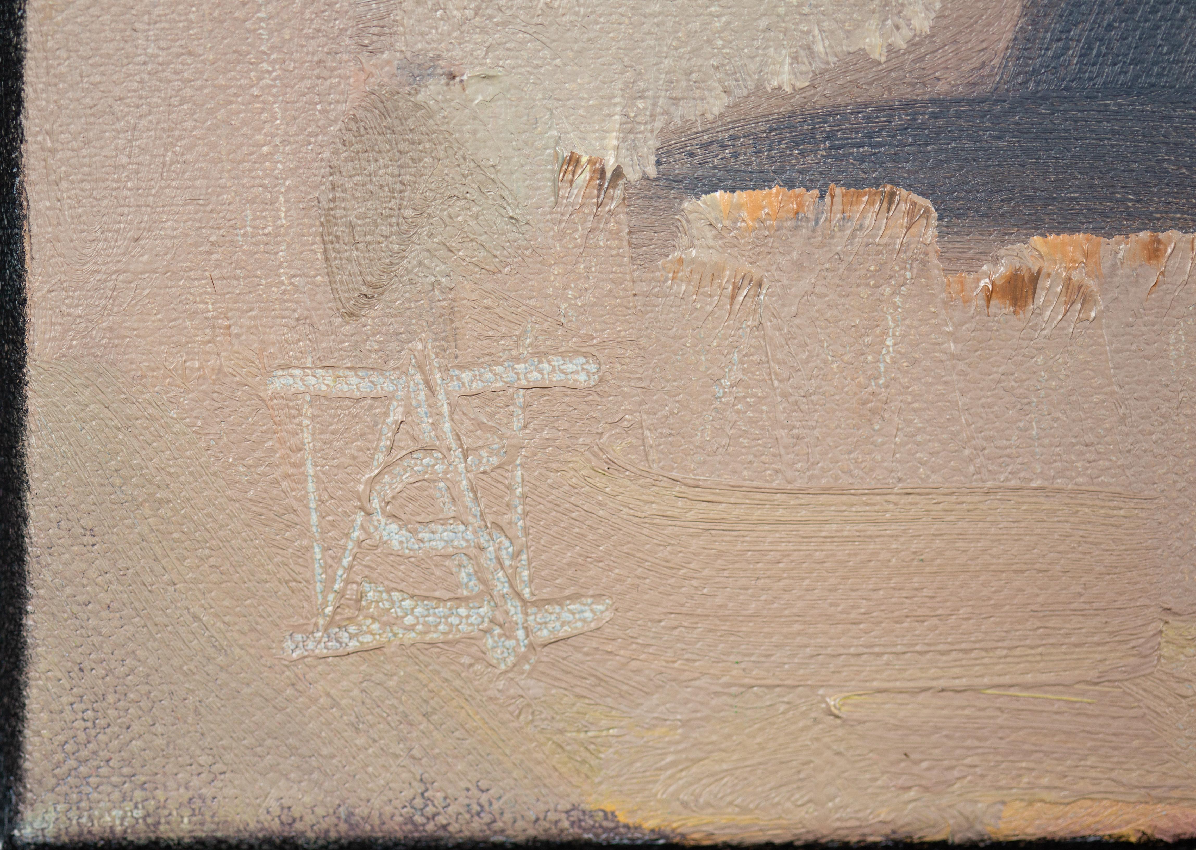 Juli in Fayence. Stadt, Frankreich, Landschaftsimpressionismus, vertikal (Grau), Landscape Painting, von Anna Shesterikova