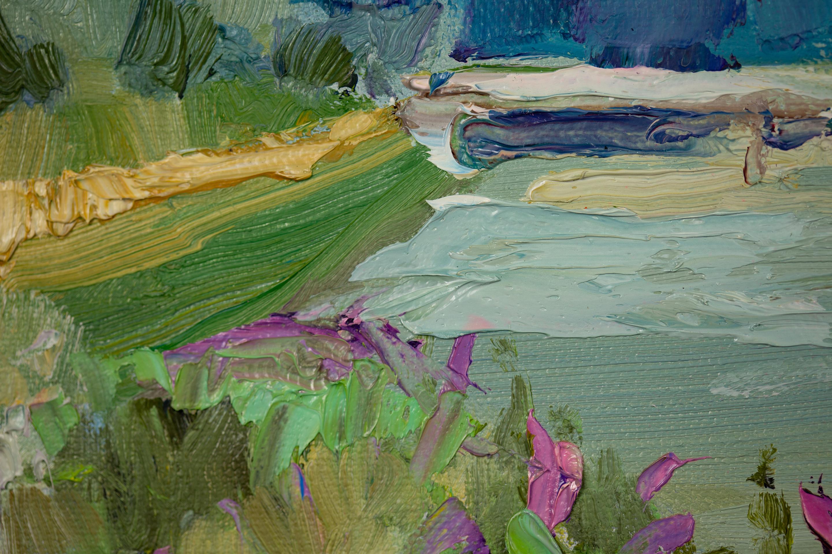 July Mood. Landscape, impressionism, vertical, mountains, river, Switzerland For Sale 6