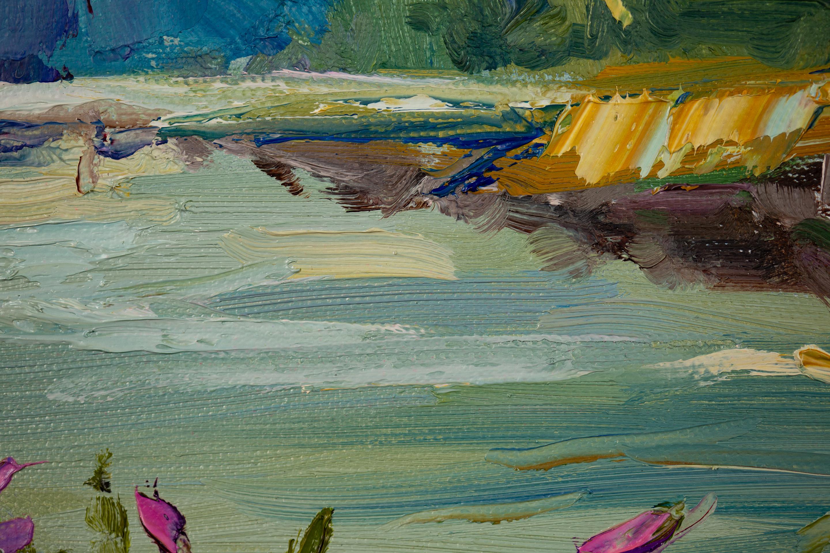 July Mood. Landscape, impressionism, vertical, mountains, river, Switzerland For Sale 7