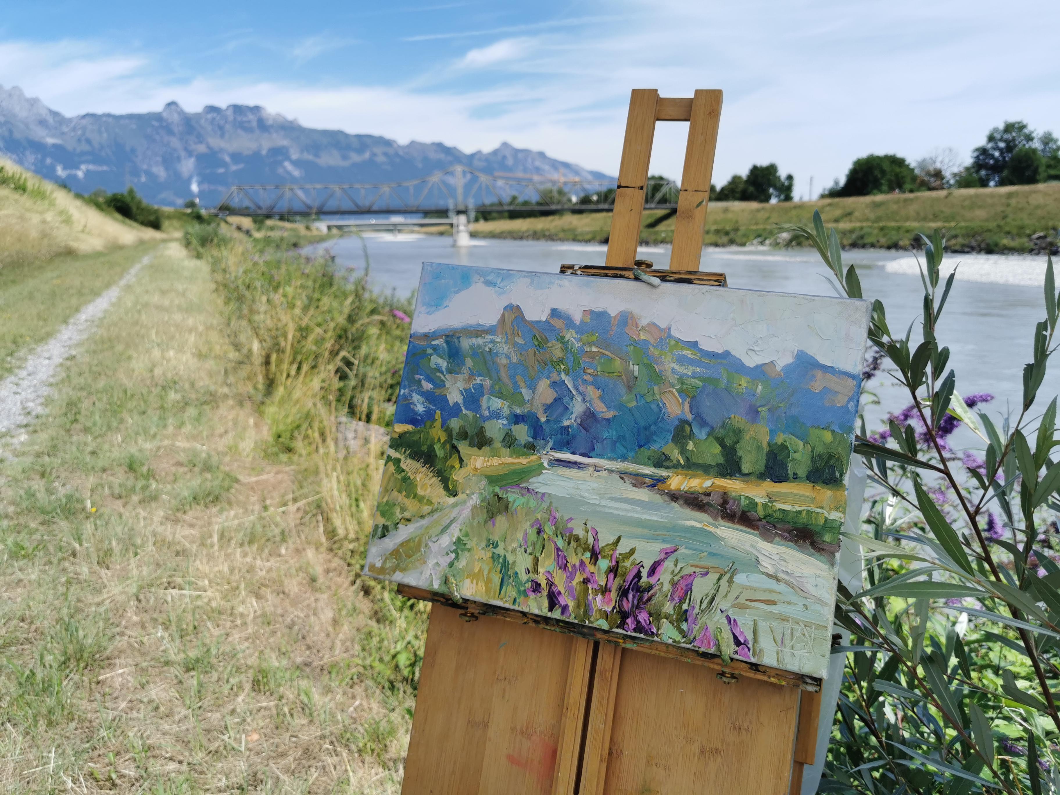 July Mood. Landscape, impressionism, vertical, mountains, river, Switzerland - Painting by Anna Shesterikova