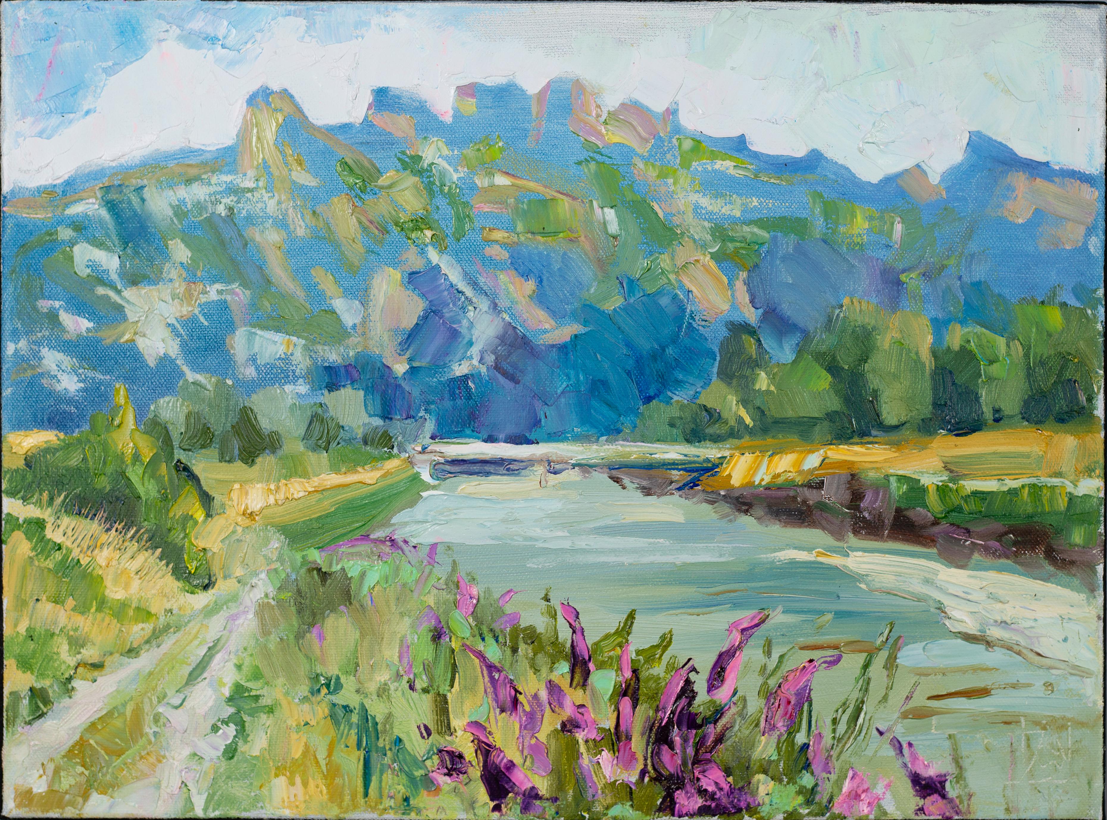 Anna Shesterikova Landscape Painting - July Mood. Landscape, impressionism, vertical, mountains, river, Switzerland