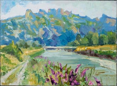 July Mood. Landscape, impressionism, vertical, mountains, river, Switzerland