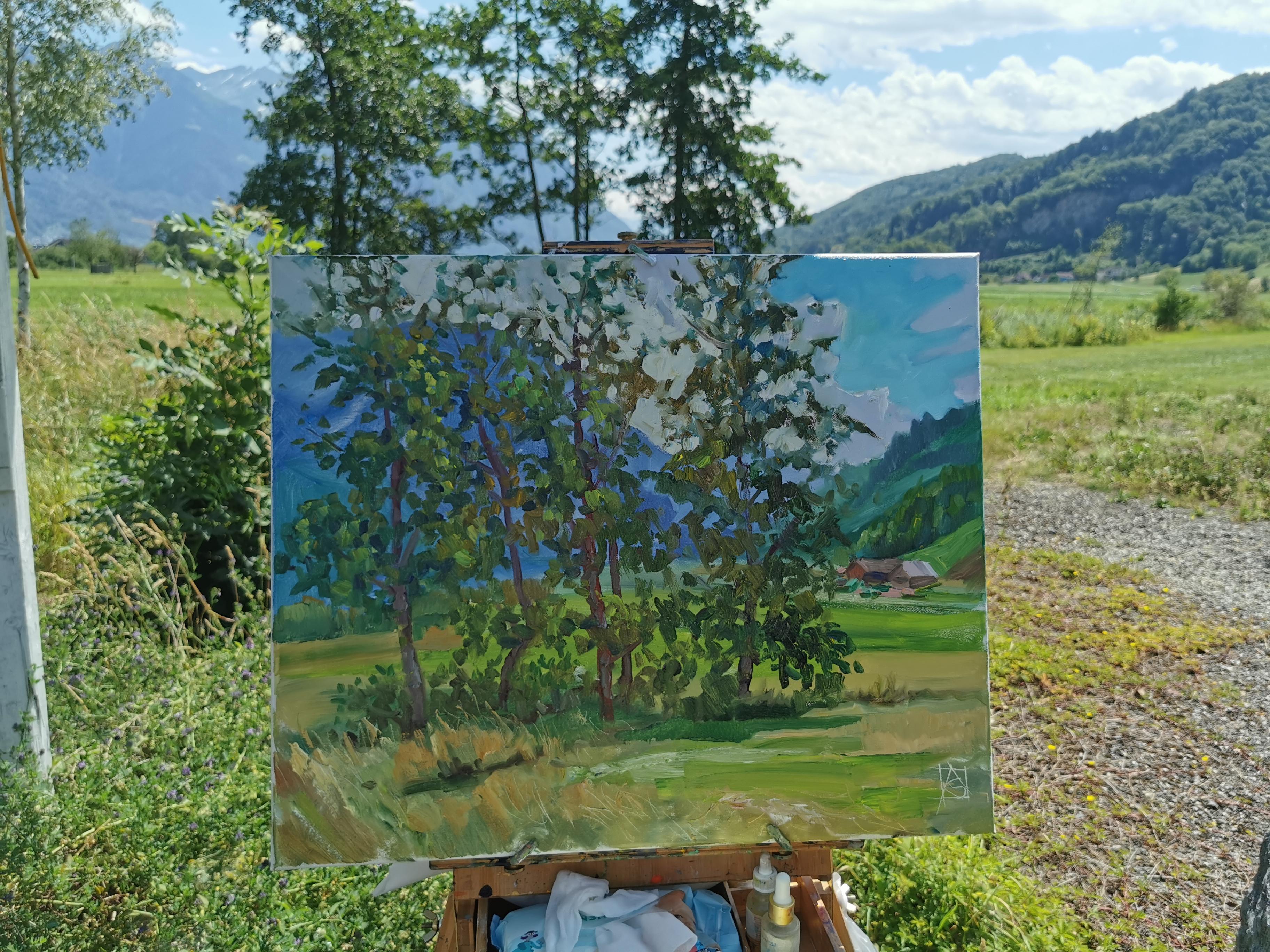 July. Trees. Horizontal landscape, impressionism, Switzerland, mountains For Sale 6