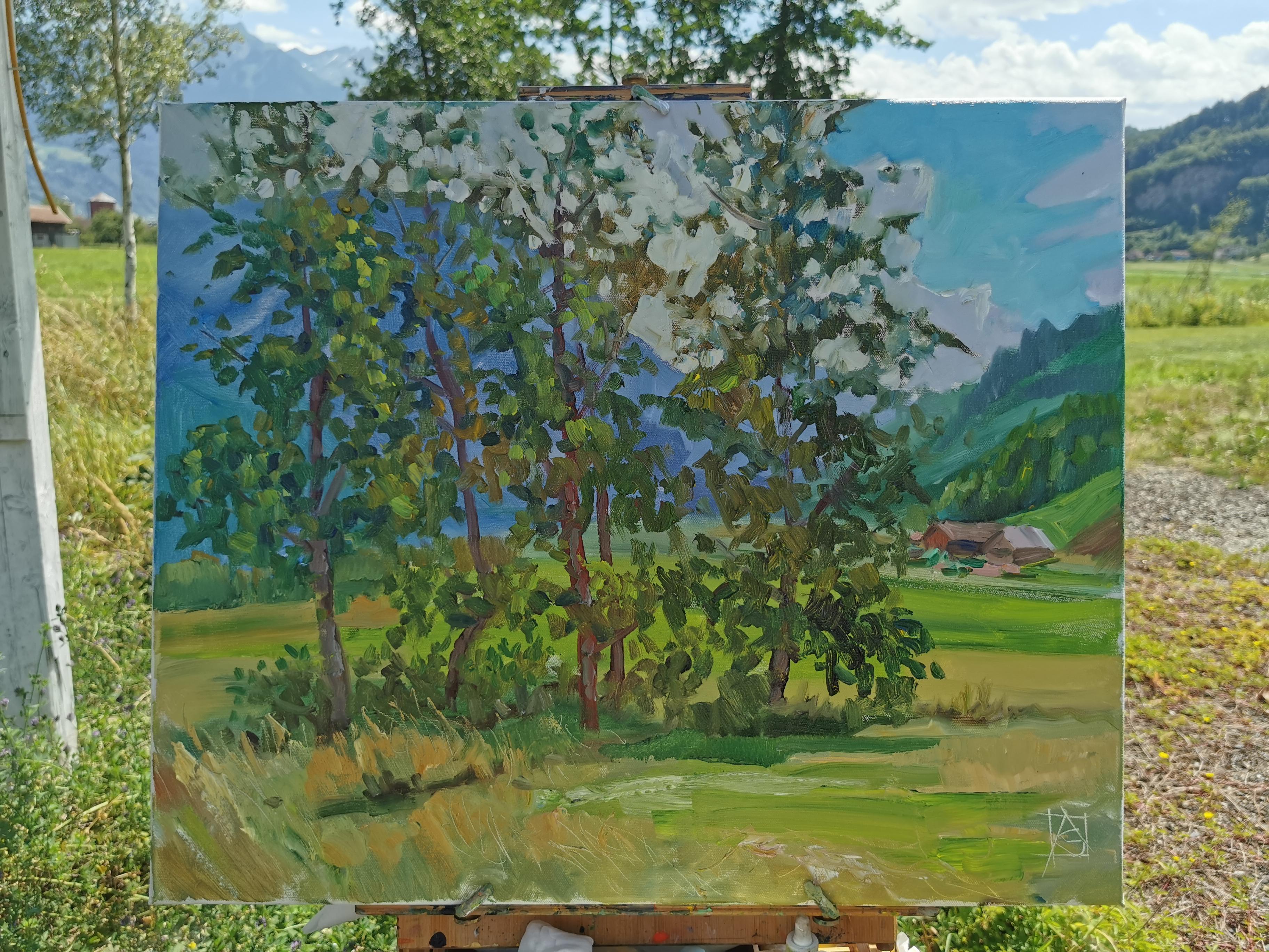 July. Trees. Horizontal landscape, impressionism, Switzerland, mountains For Sale 7