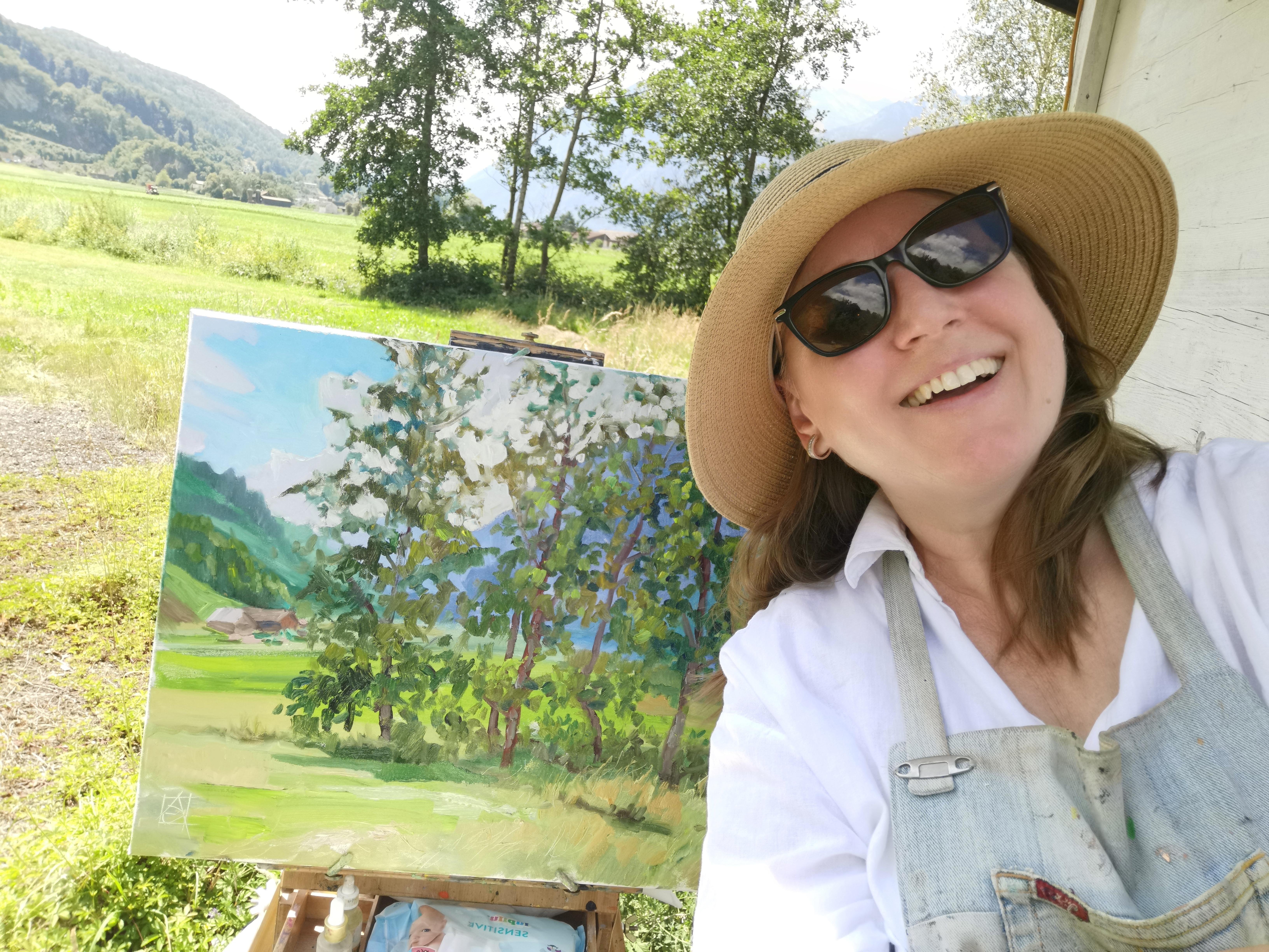 July. Trees. Horizontal landscape, impressionism, Switzerland, mountains For Sale 8