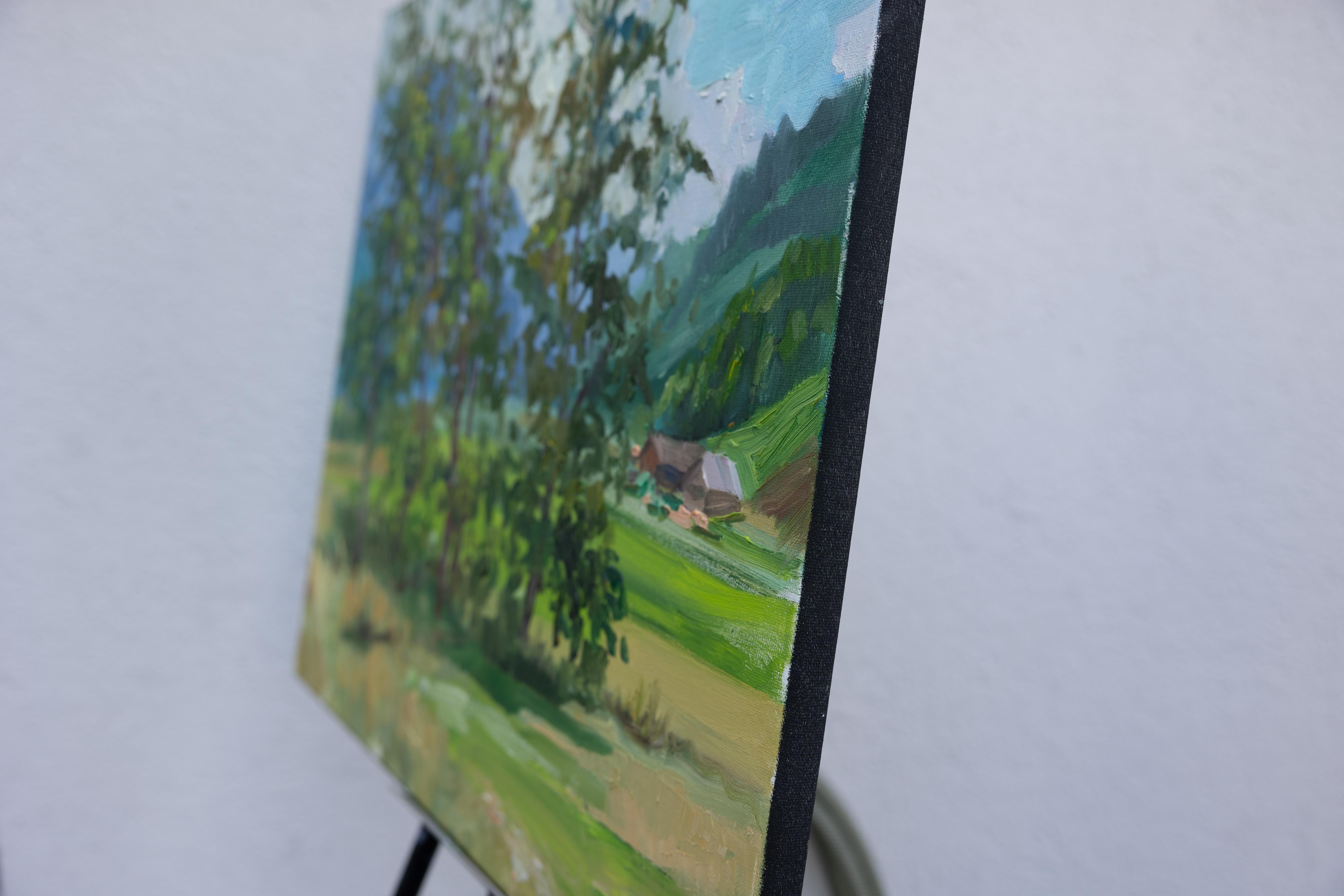 July. Trees. Horizontal landscape, impressionism, Switzerland, mountains - Painting by Anna Shesterikova