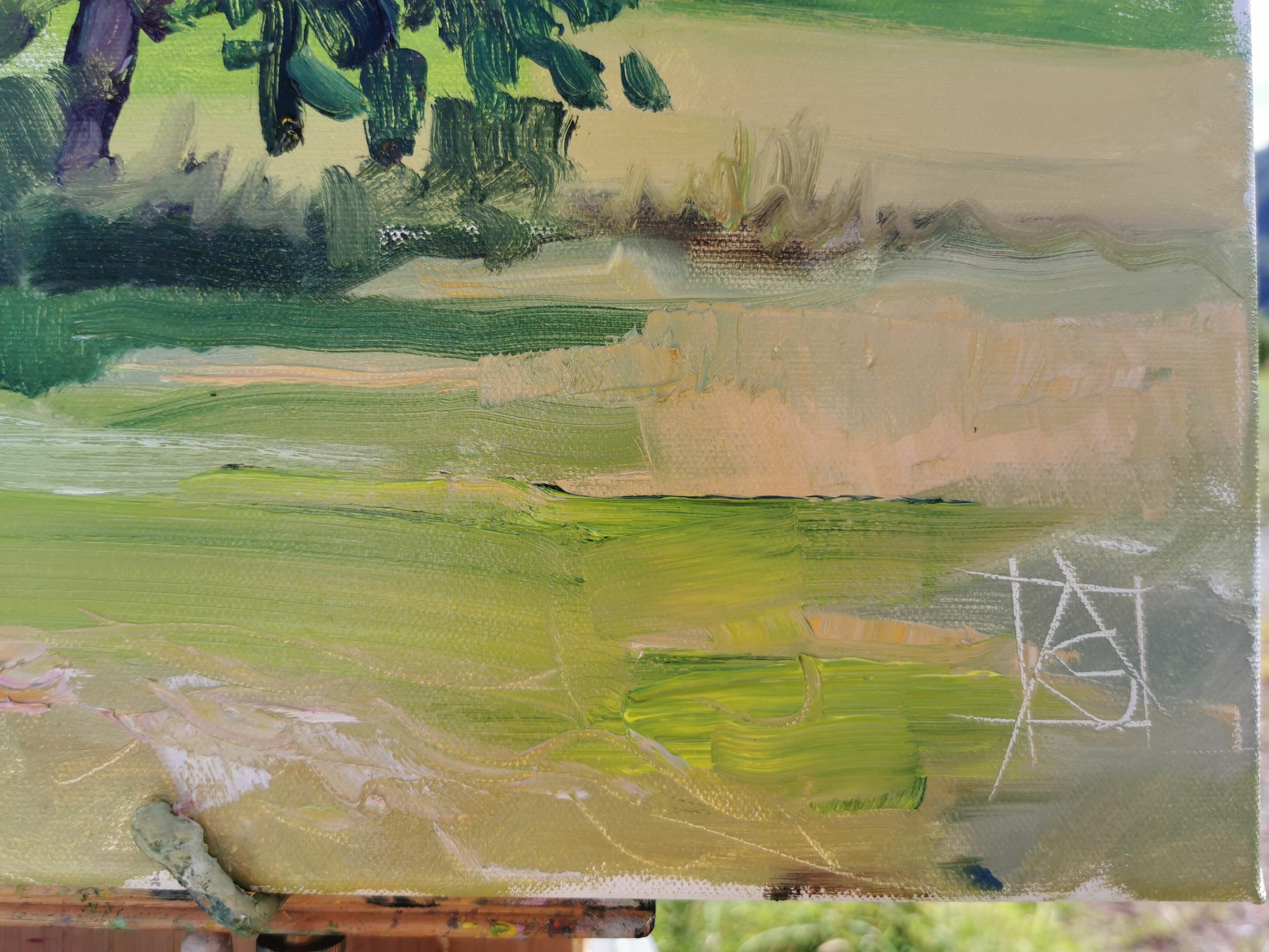 July. Trees. Horizontal landscape, impressionism, Switzerland, mountains - Gray Landscape Painting by Anna Shesterikova