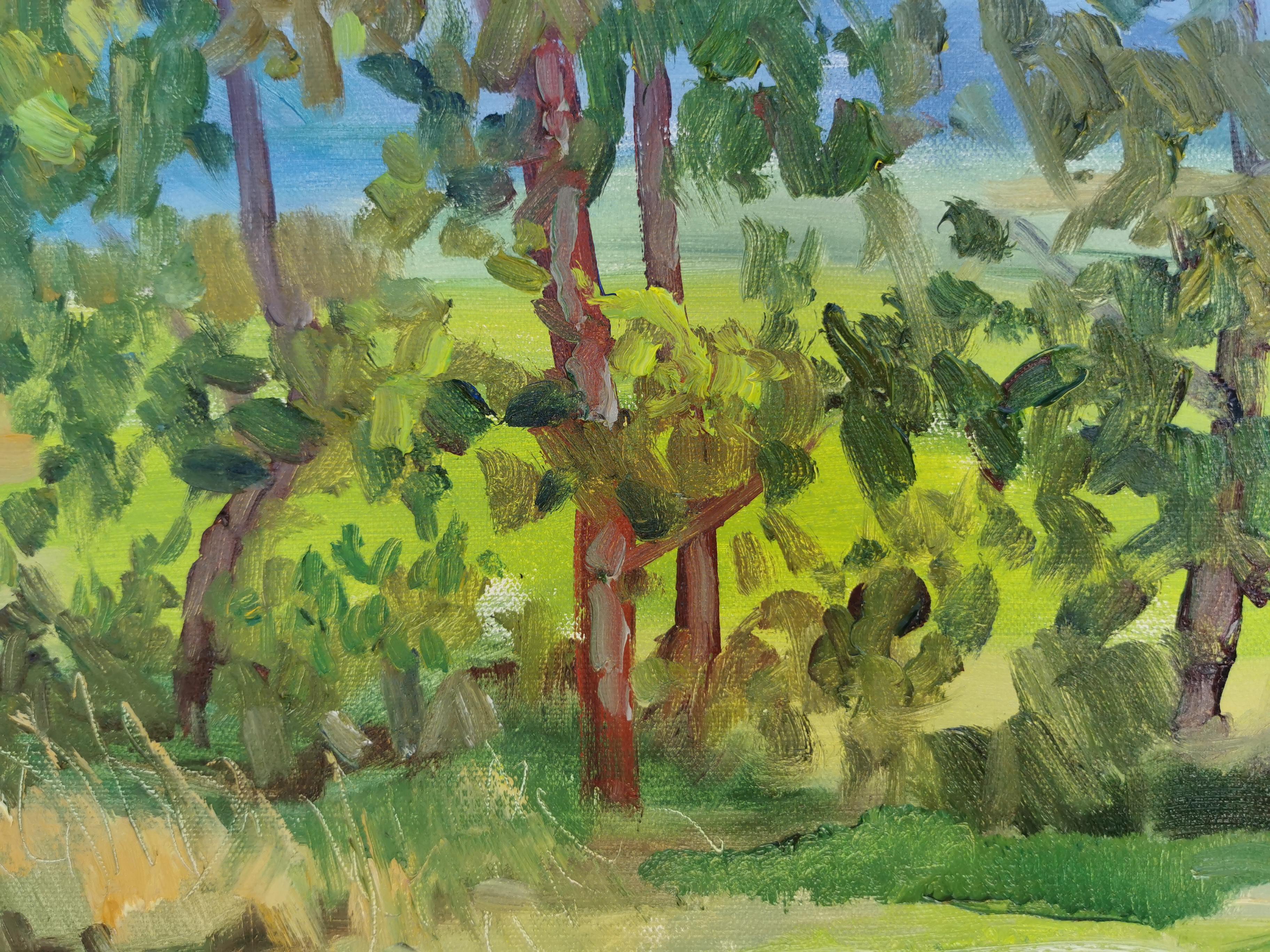 July. Trees. Horizontal landscape, impressionism, Switzerland, mountains For Sale 1