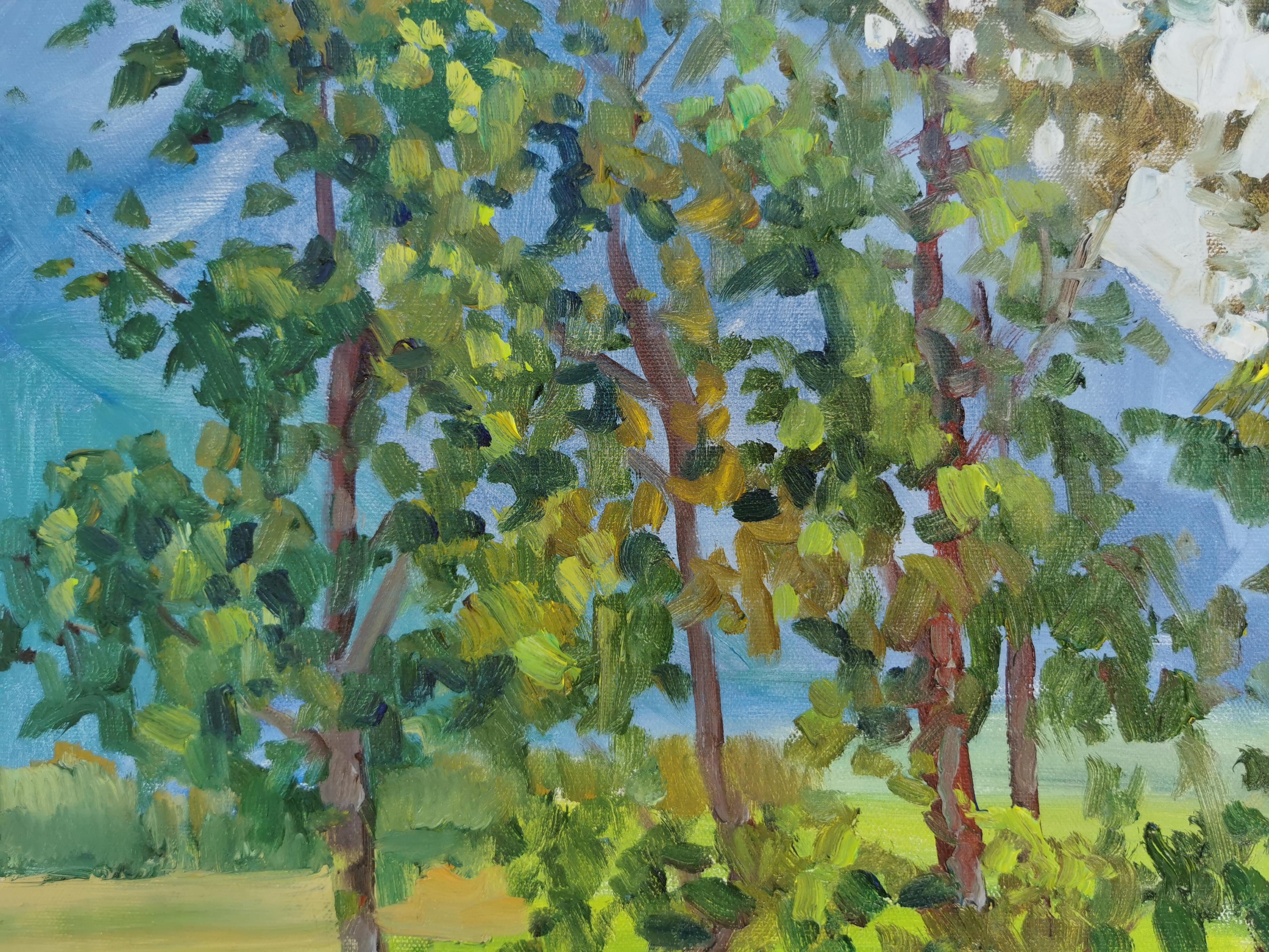 July. Trees. Horizontal landscape, impressionism, Switzerland, mountains For Sale 2