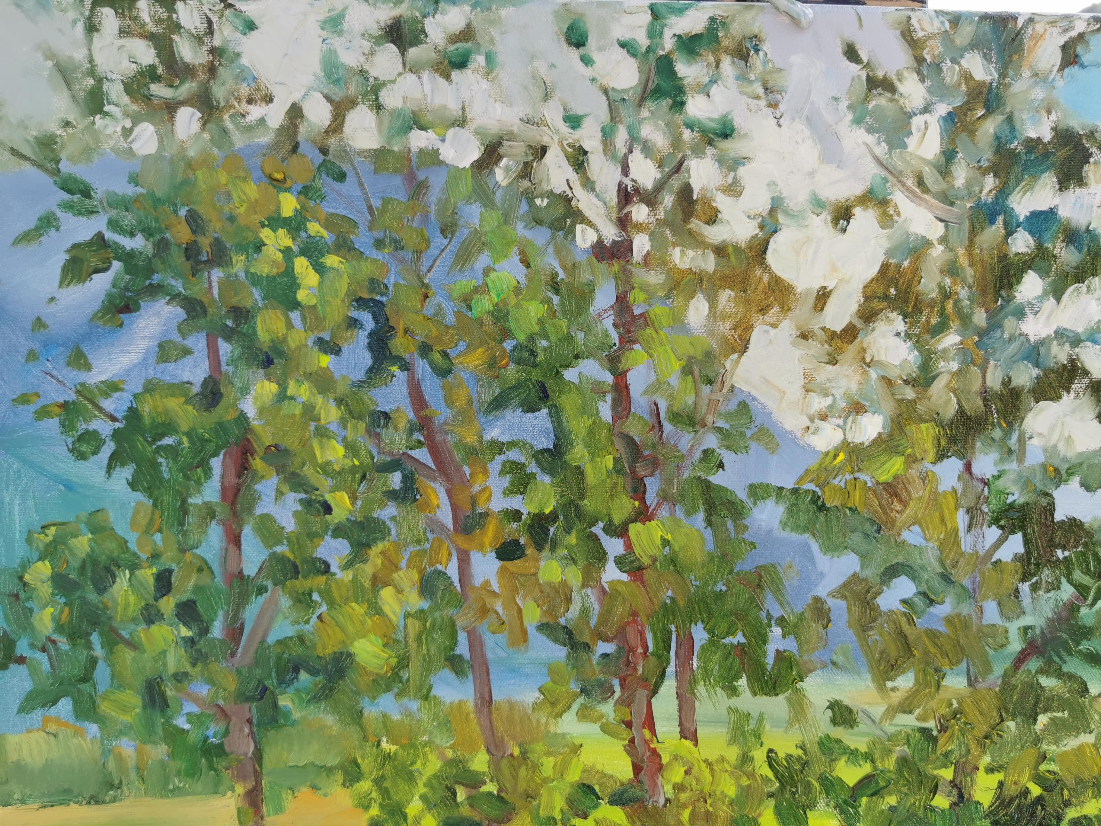 July. Trees. Horizontal landscape, impressionism, Switzerland, mountains For Sale 3