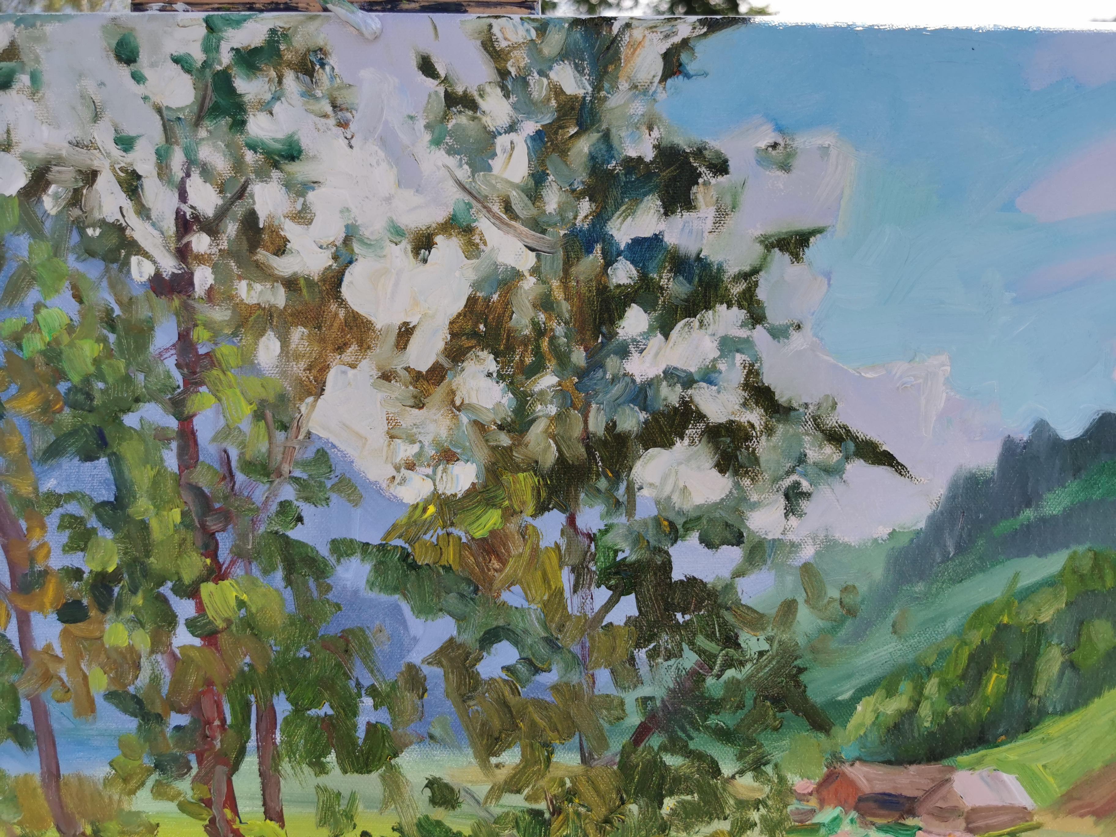 July. Trees. Horizontal landscape, impressionism, Switzerland, mountains For Sale 4