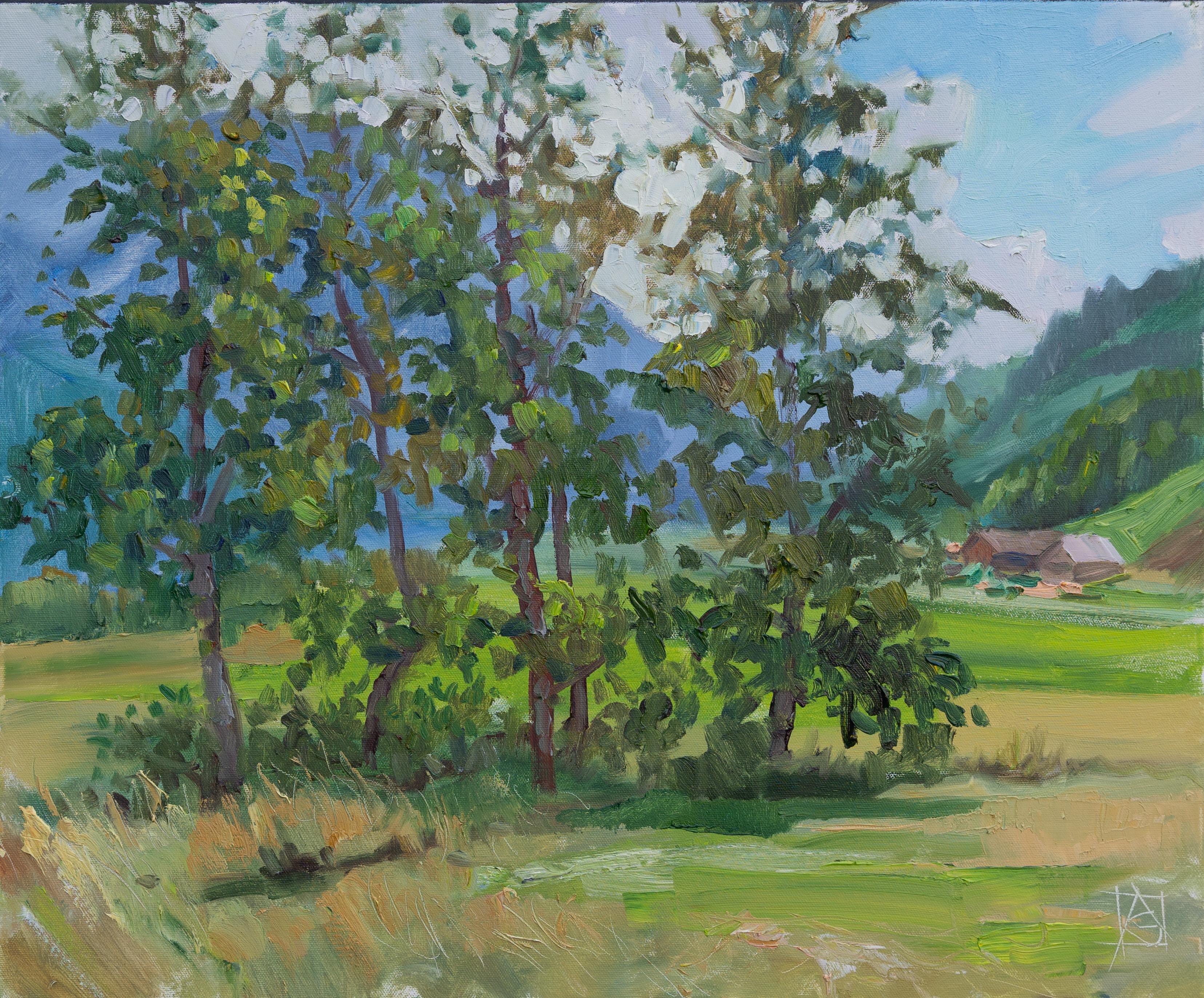 July. Trees. Horizontal oil landscape, impressionism, Switzerland, mountains