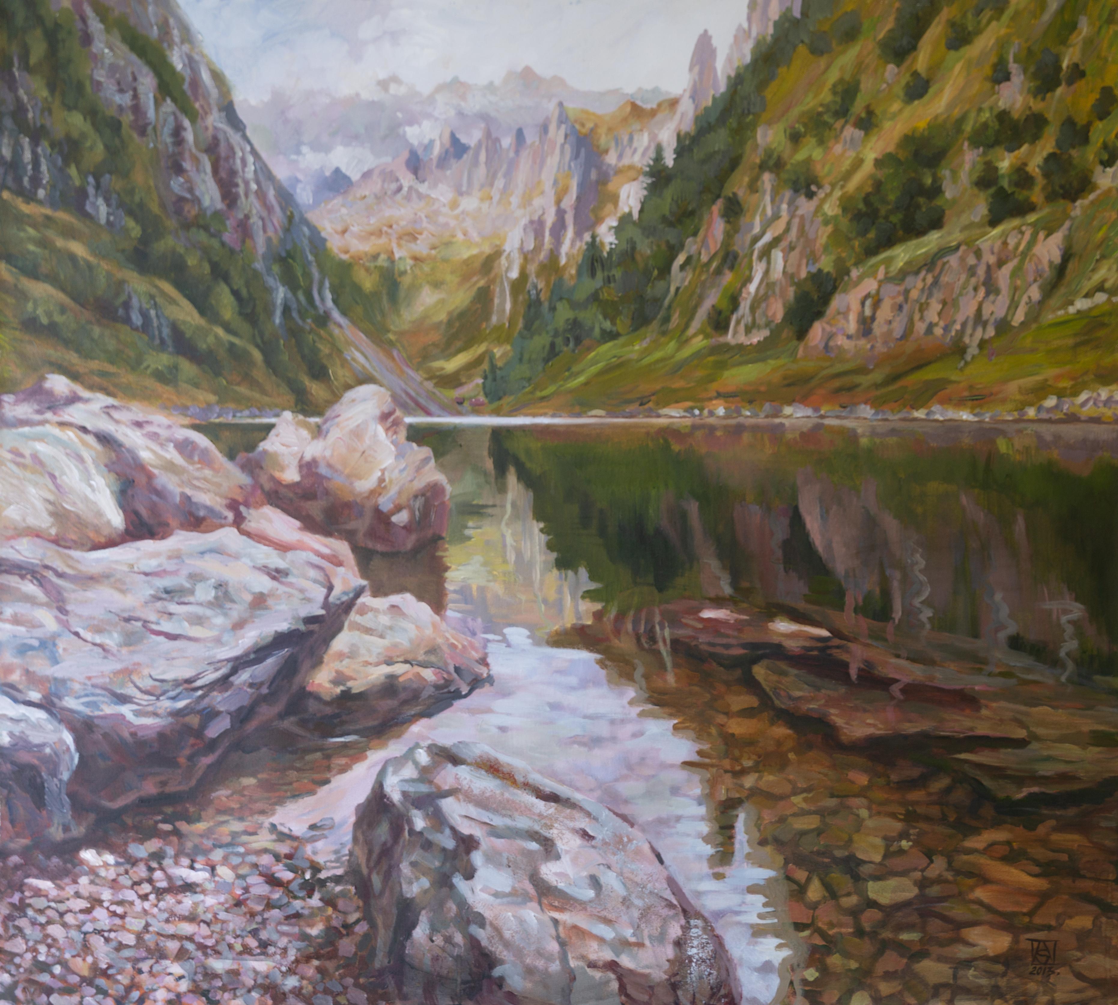 Anna Shesterikova Landscape Painting – Der Fälensee. Landschaft, See, Berge, Schweiz, horizontal