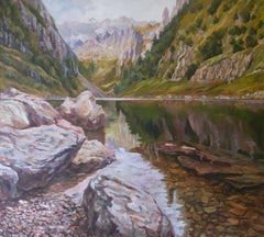 Lake Fälensee. Landscape, lake, mountains, Switzerland, impressionism horizontal