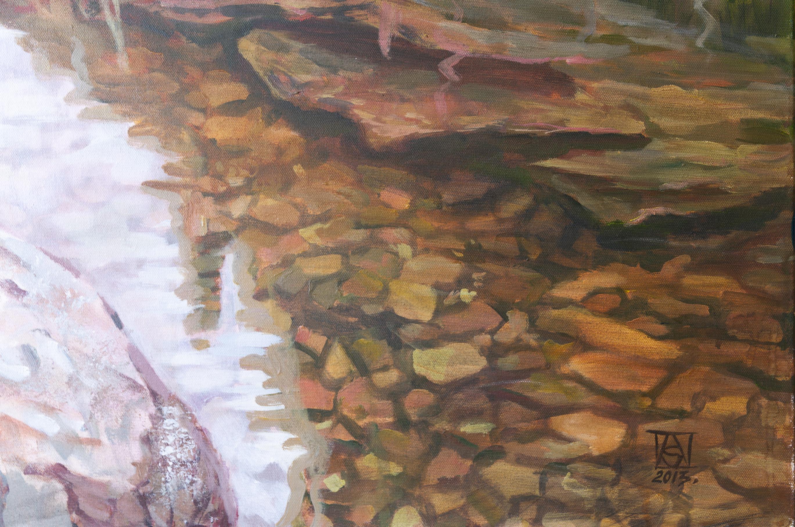 Lago Fälensee. Paesaggio, lago, montagne, Svizzera, Klassik, orizzontale - Landscape Painting Grigio di Anna Shesterikova